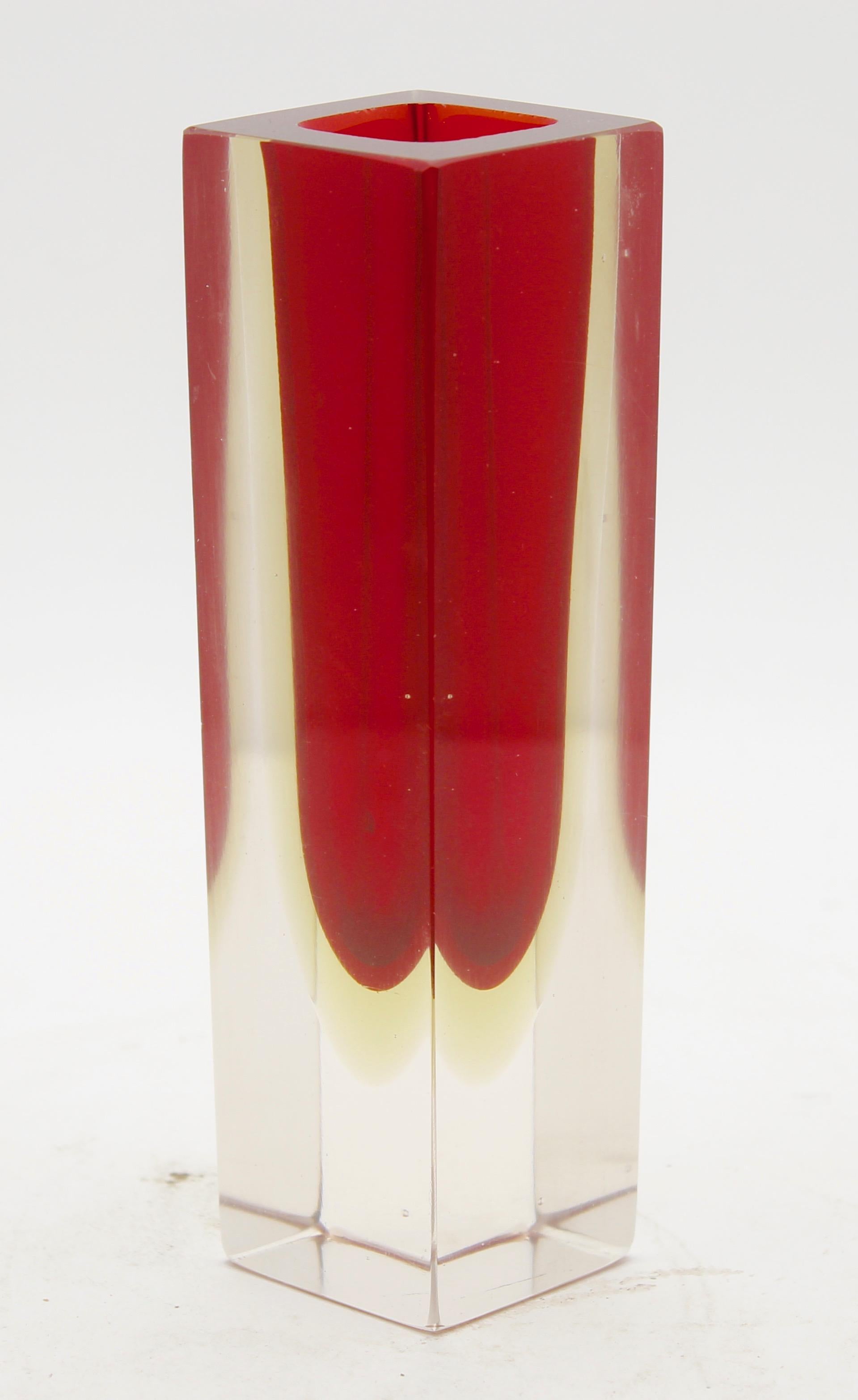 Italian Two Murano Block Vases with Red Core and Diffused Amber For Sale