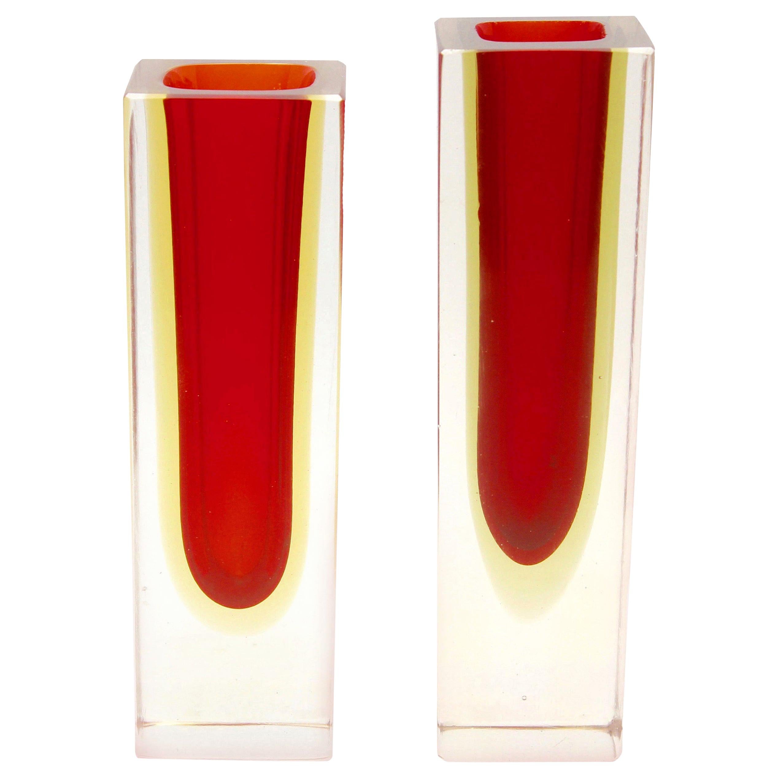 Two Murano Block Vases with Red Core and Diffused Amber For Sale