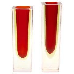 Two Murano Block Vases with Red Core and Diffused Amber