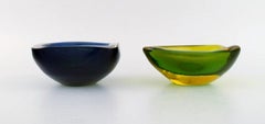 Two Murano Bowls in Blue and Green-Yellow Mouth-Blown Art Glass, Italian Design