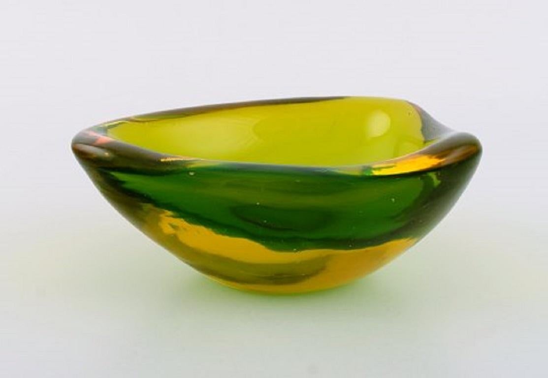 Two Murano Bowls in Blue and Green-Yellow Mouth-Blown Art Glass, Italian Design 1