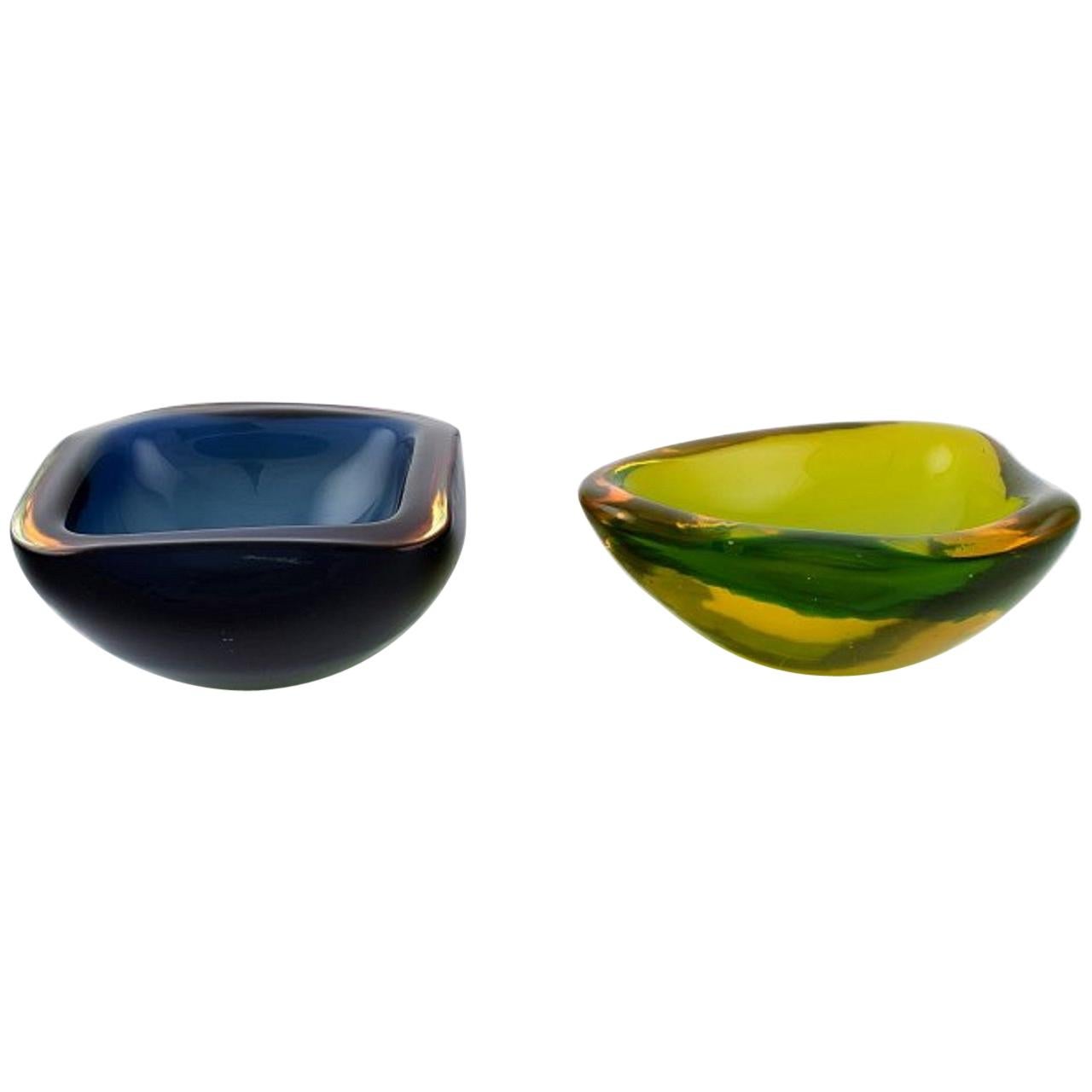 Two Murano Bowls in Blue and Green-Yellow Mouth-Blown Art Glass, Italian Design