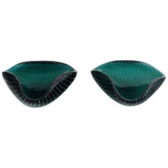 Two Murano Bowls in Dark Green Mouth Blown Art Glass with Inlaid Bubbles
