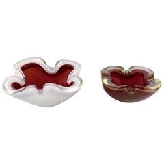 Two Murano Bowls in Red and White Mouth Blown Art Glass, Italian Design, 1960s