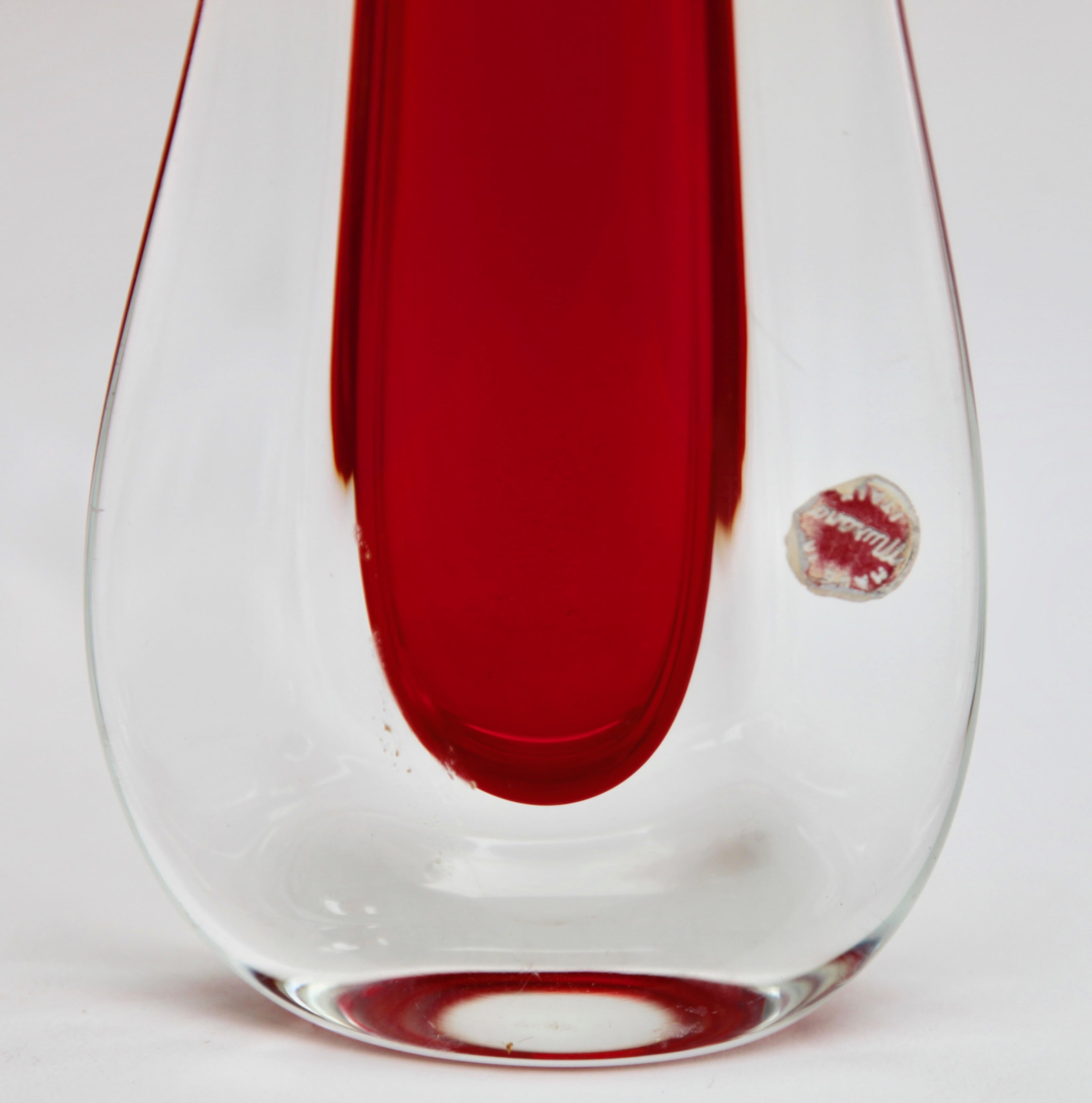 Mid-Century Modern Two Murano Drop Vases with Red Core and Thick Sommerso 'Clear Glass Casing'