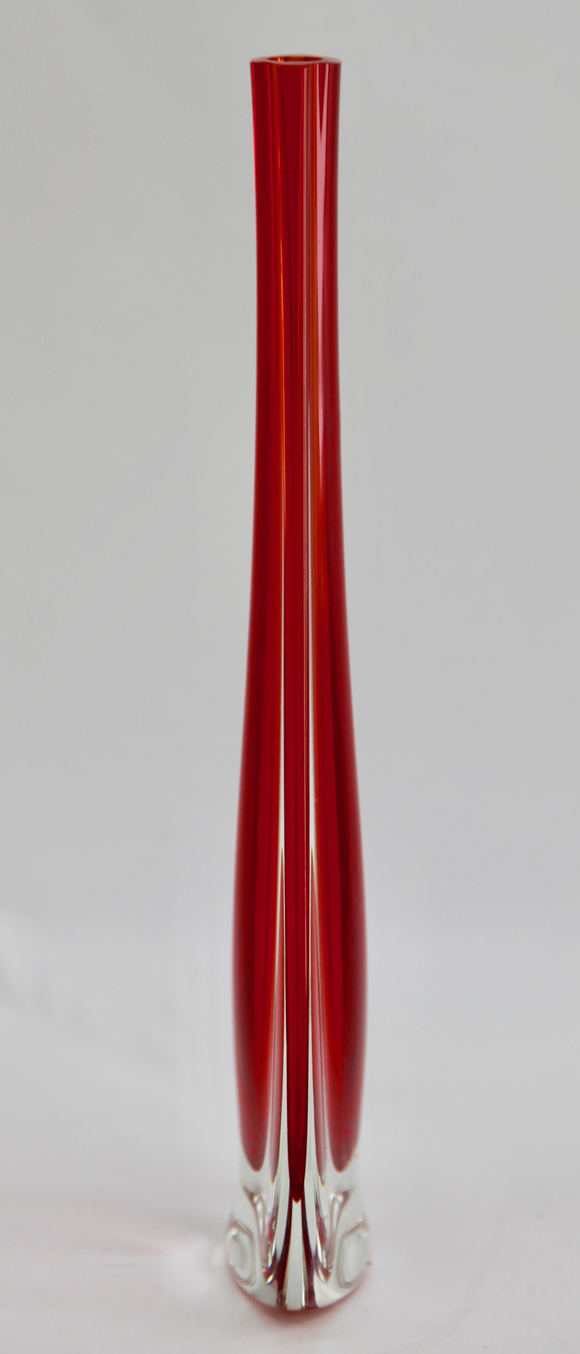 Hand-Crafted Two Murano Drop Vases with Red Core and Thick Sommerso 'Clear Glass Casing'
