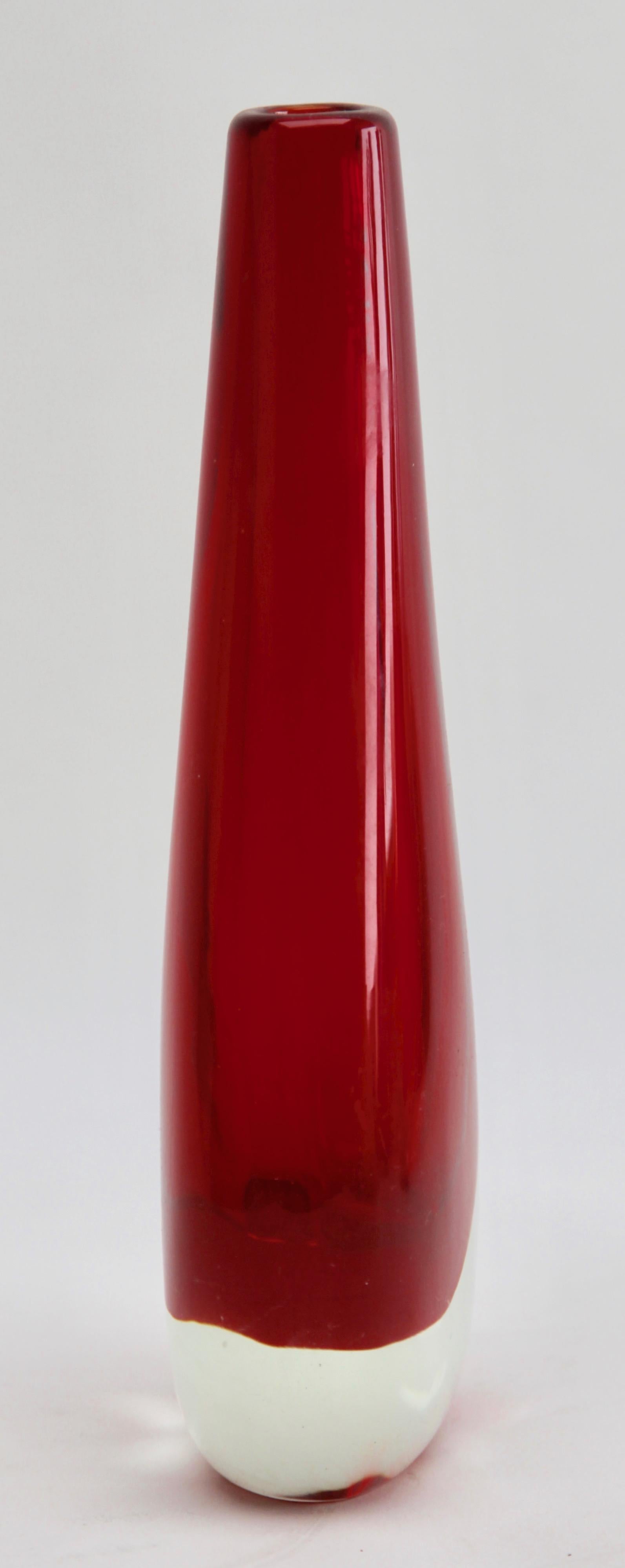 20th Century Two Murano Drop Vases with Red Core and Thick Sommerso 'Clear Glass Casing'