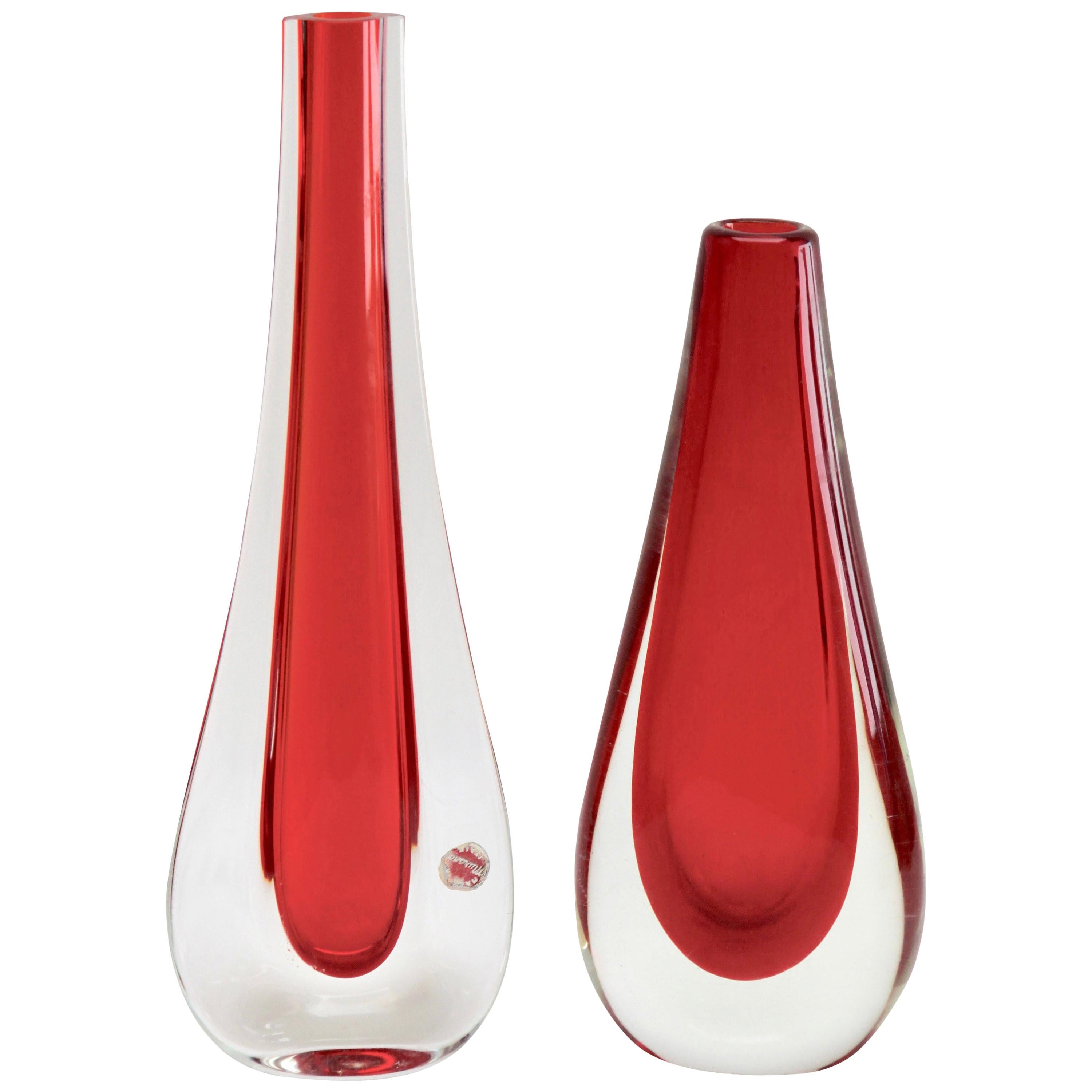 Two Murano Drop Vases with Red Core and Thick Sommerso 
Clear Glass Casing

