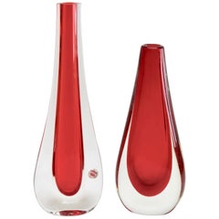 Two Murano Drop Vases with Red Core and Thick Sommerso 'Clear Glass Casing'