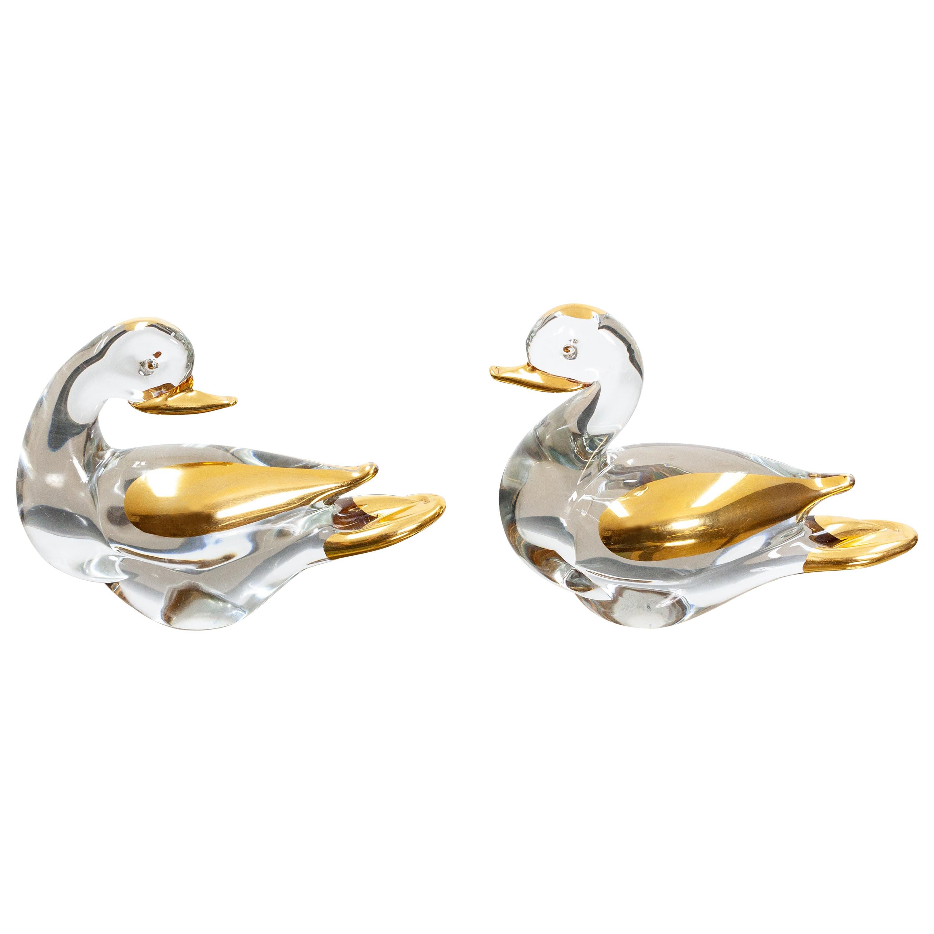 Two Murano Ducks Glass 24 Carat Gold, 1980s For Sale