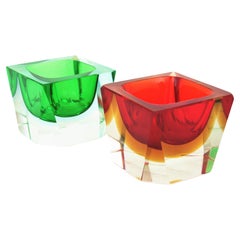Two Murano Flavio Poli Seguso Sommerso Faceted Glass Bowls