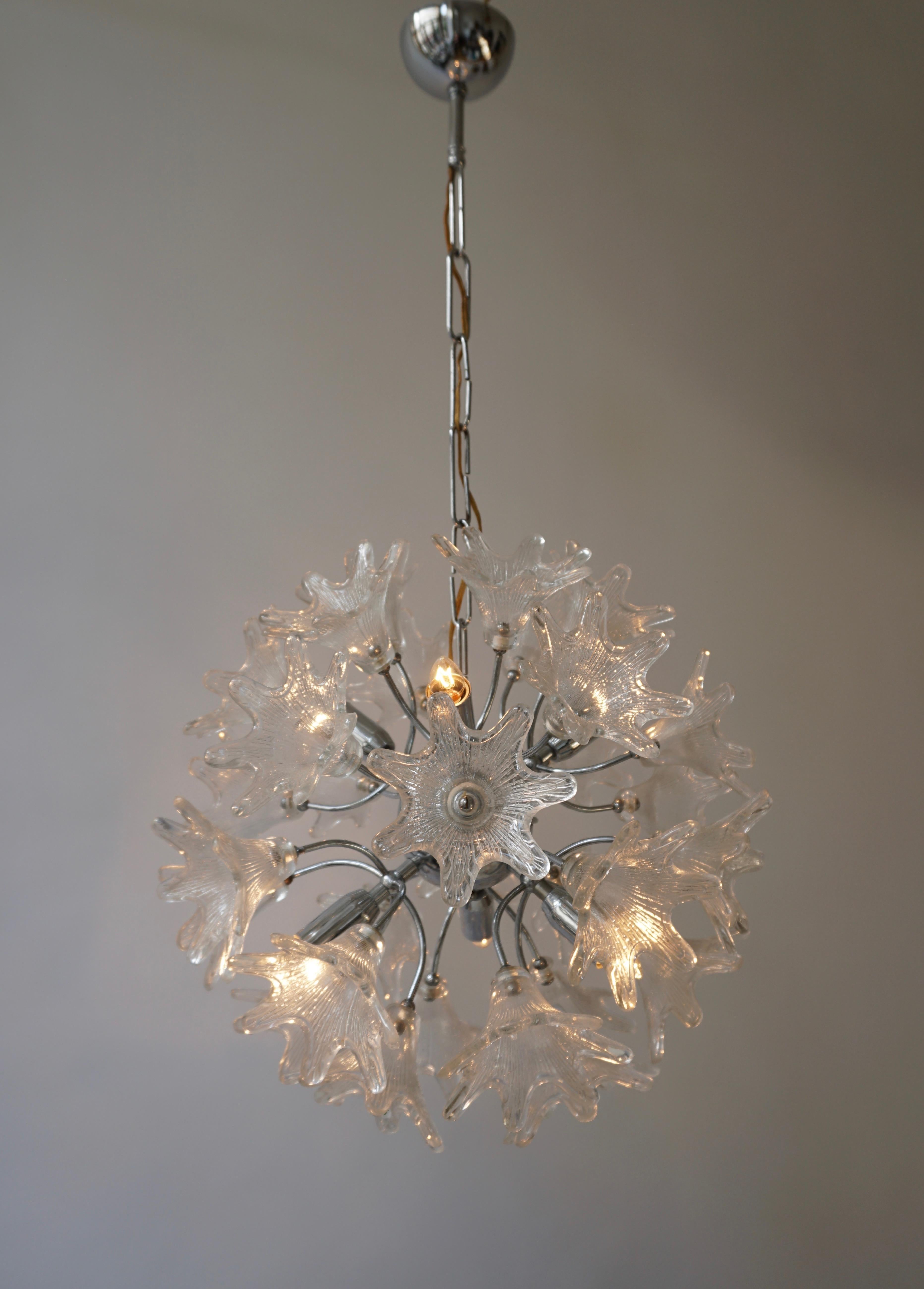 Mid-Century Modern Two Murano Floral Sputnik Chandeliers with Textured Clear Petals For Sale