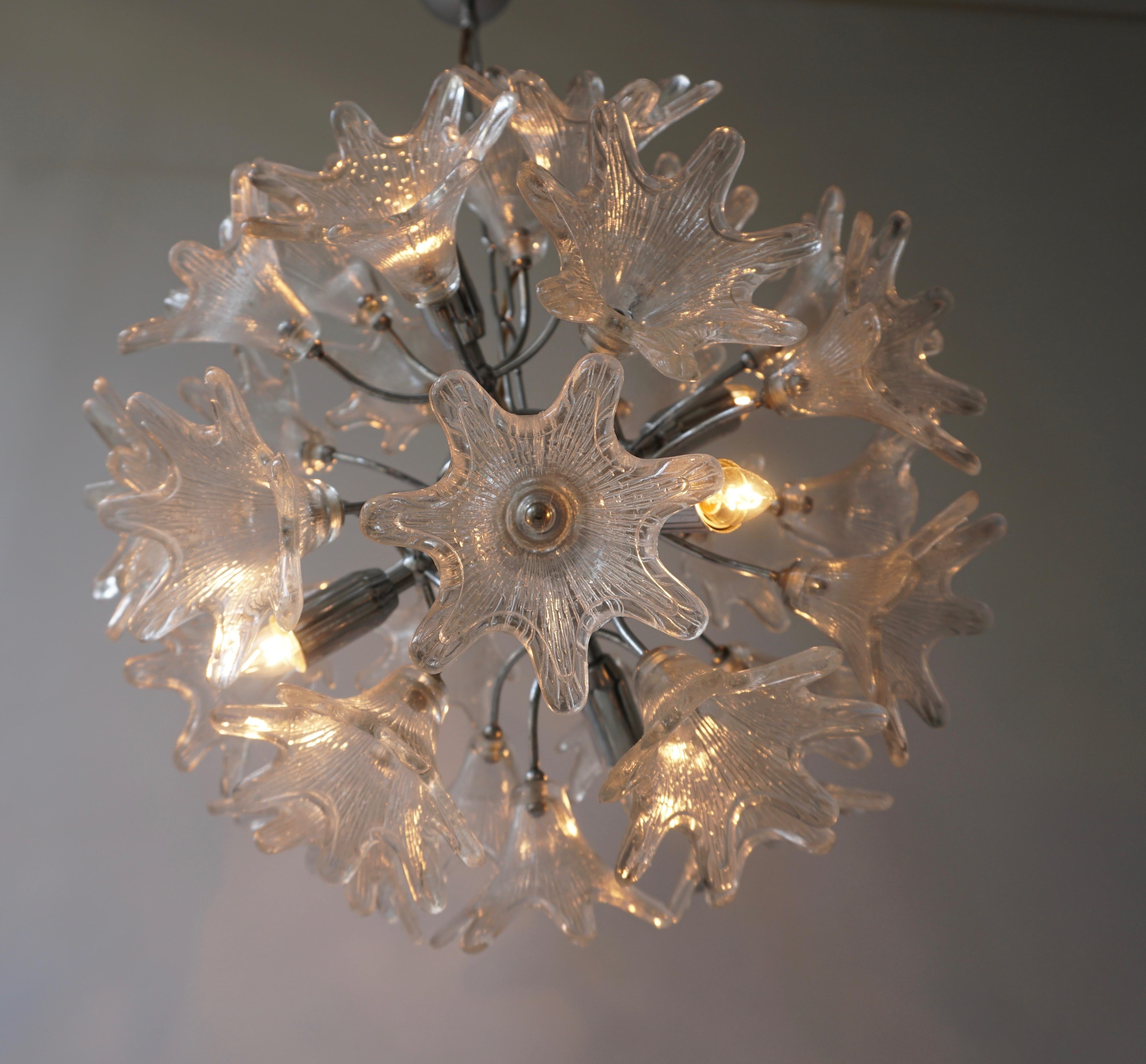 Italian Two Murano Floral Sputnik Chandeliers with Textured Clear Petals For Sale