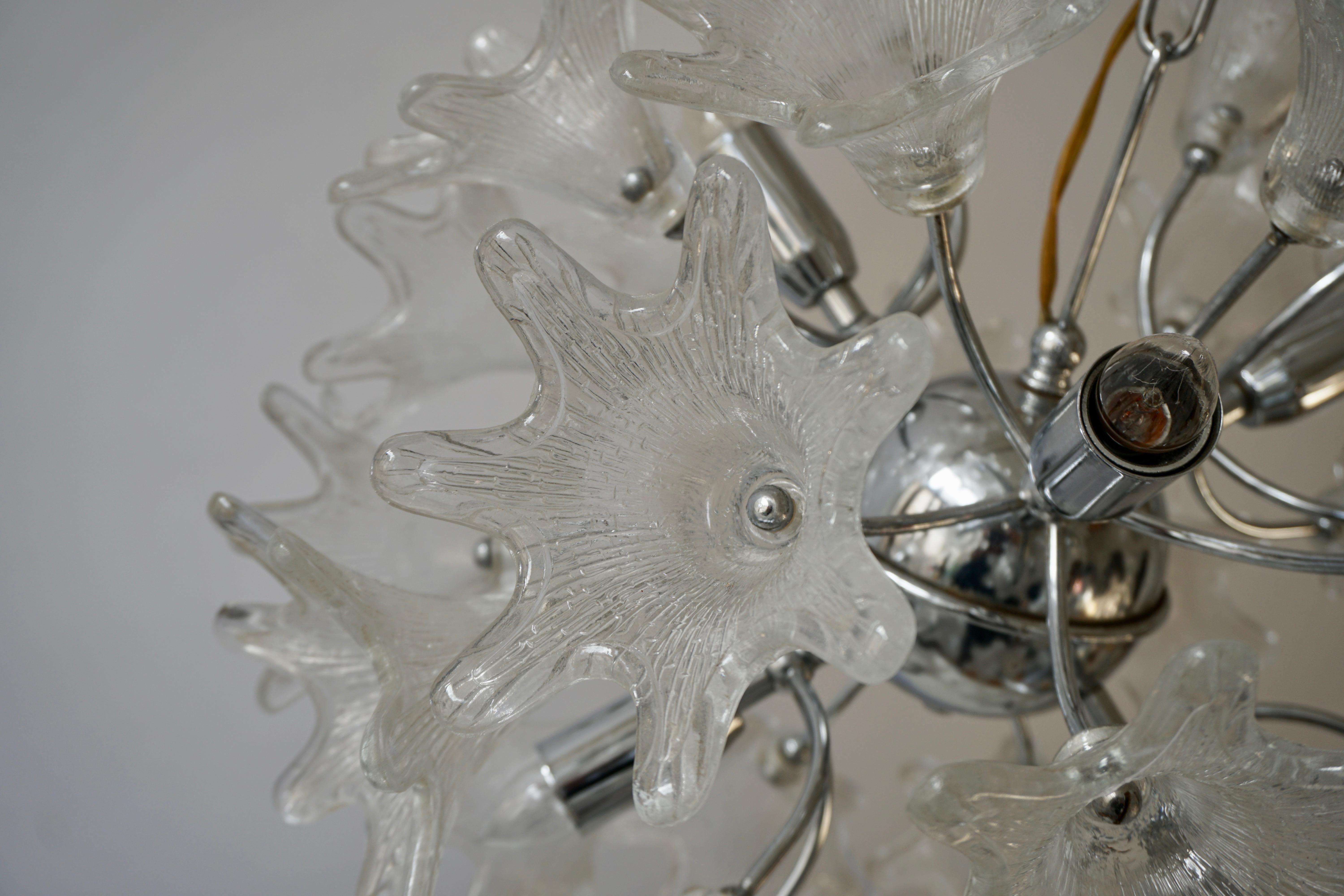 Metal Two Murano Floral Sputnik Chandeliers with Textured Clear Petals For Sale
