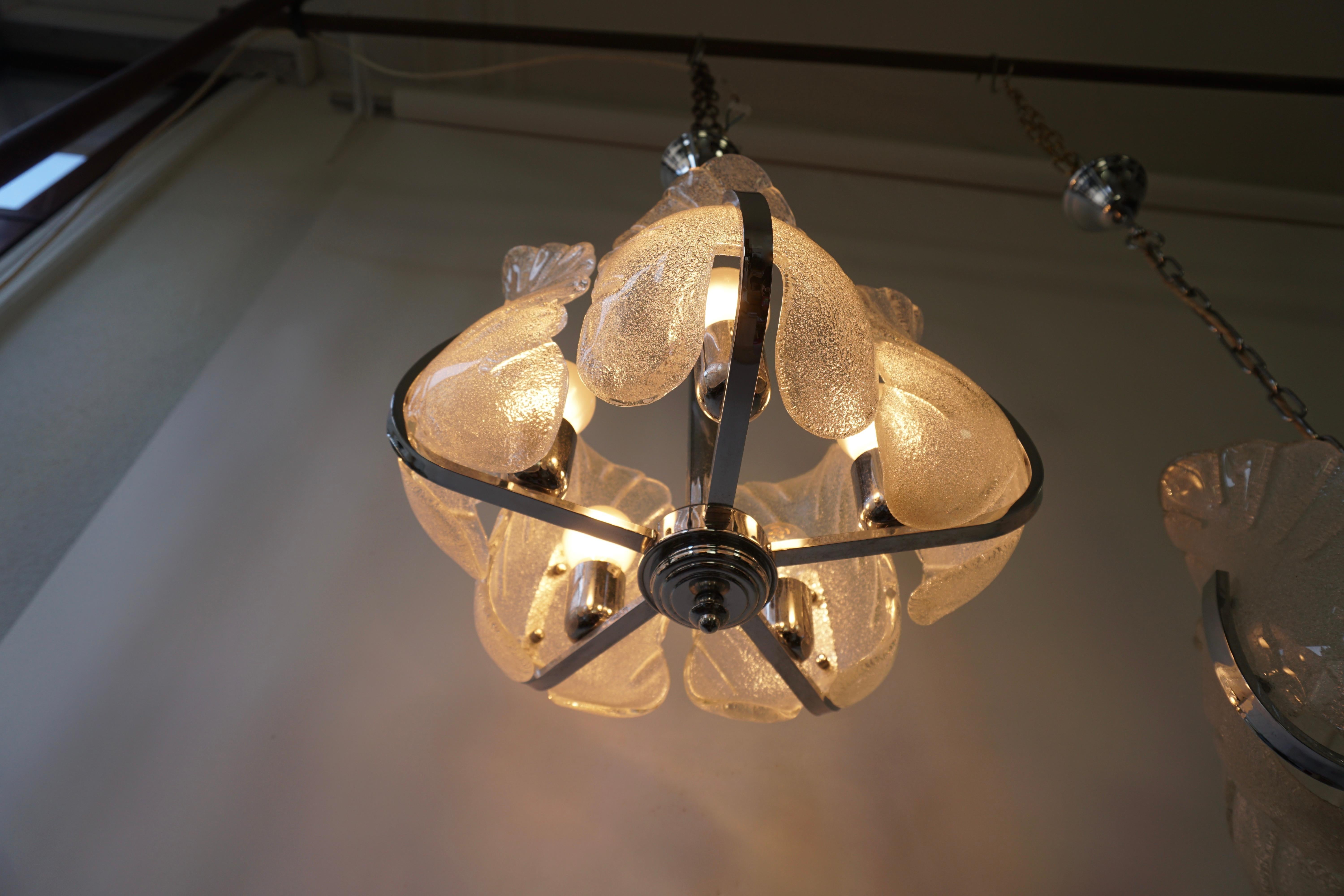 Mid-Century Modern Two Murano Glass and Chrome Pendant Lights For Sale