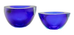 Two Murano Handmade Crystal Sommerso Geode Bowls of Striking Cobalt Blue