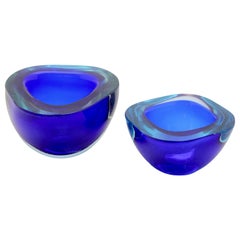 Vintage Two Murano Handmade Crystal Sommerso Geode Bowls of Striking Cobalt Blue