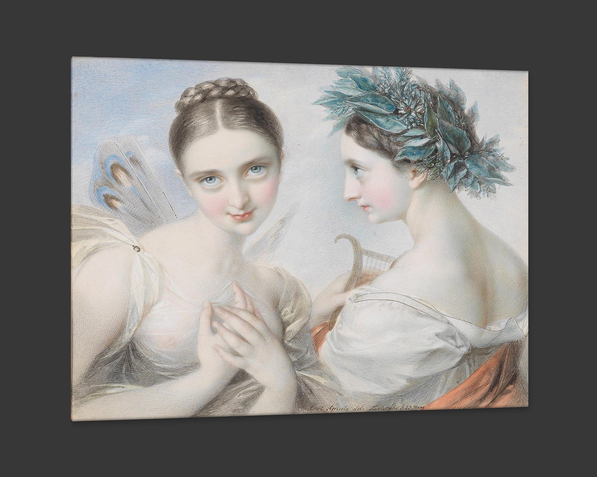 Austrian Two Muses, after Neoclassical Watercolor by Carl Agricola For Sale