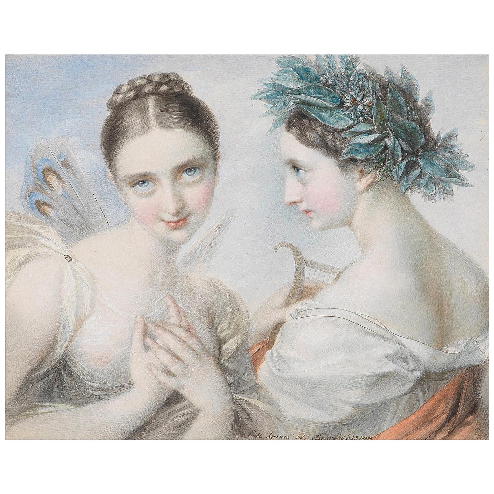 Two Muses, after Neoclassical Watercolor by Carl Agricola For Sale