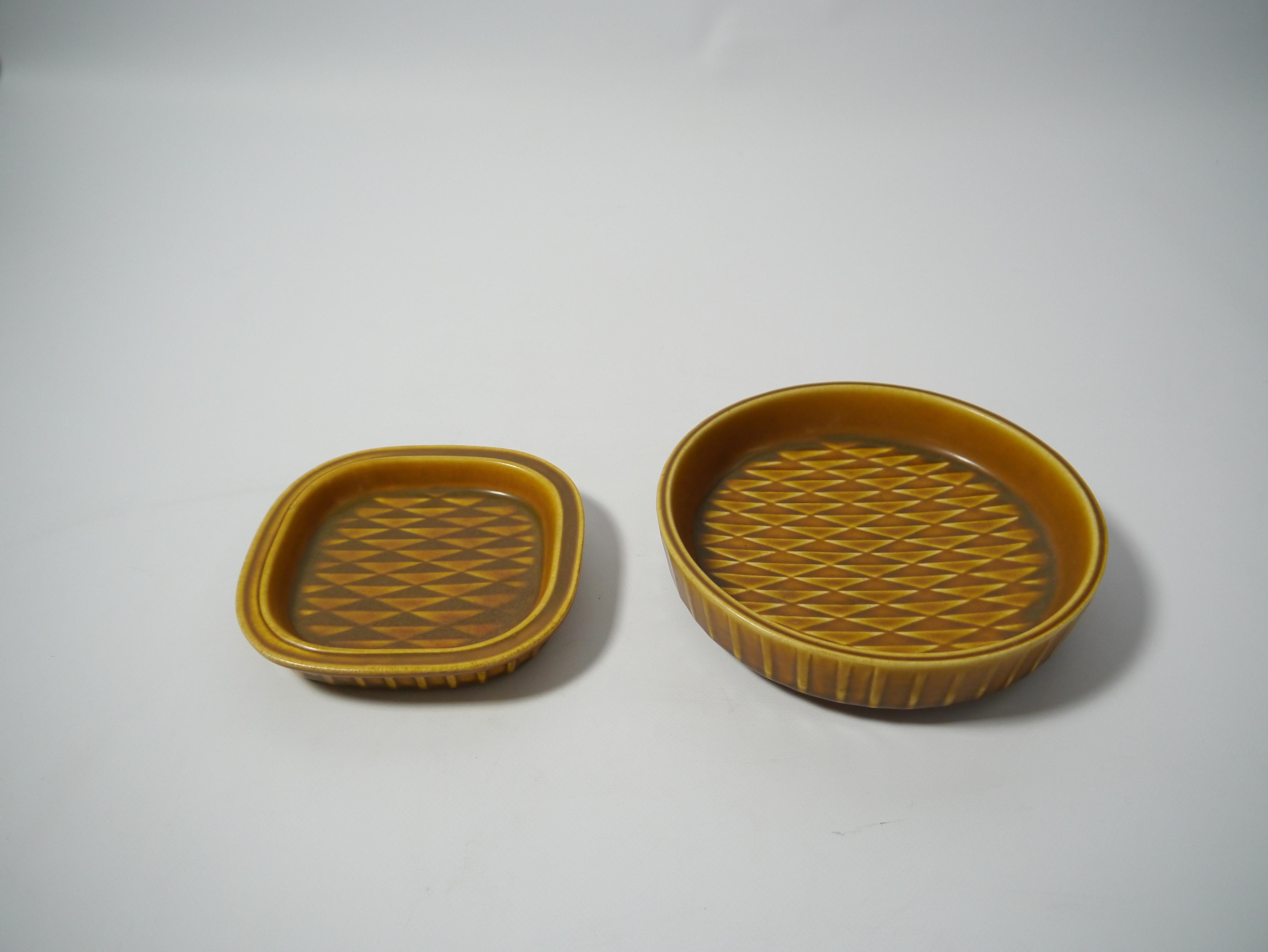 Scandinavian Modern Two Mustard Yellow Ceramic Plates by Gunnar Nylund for Rörstrand, Sweden, 1950s For Sale
