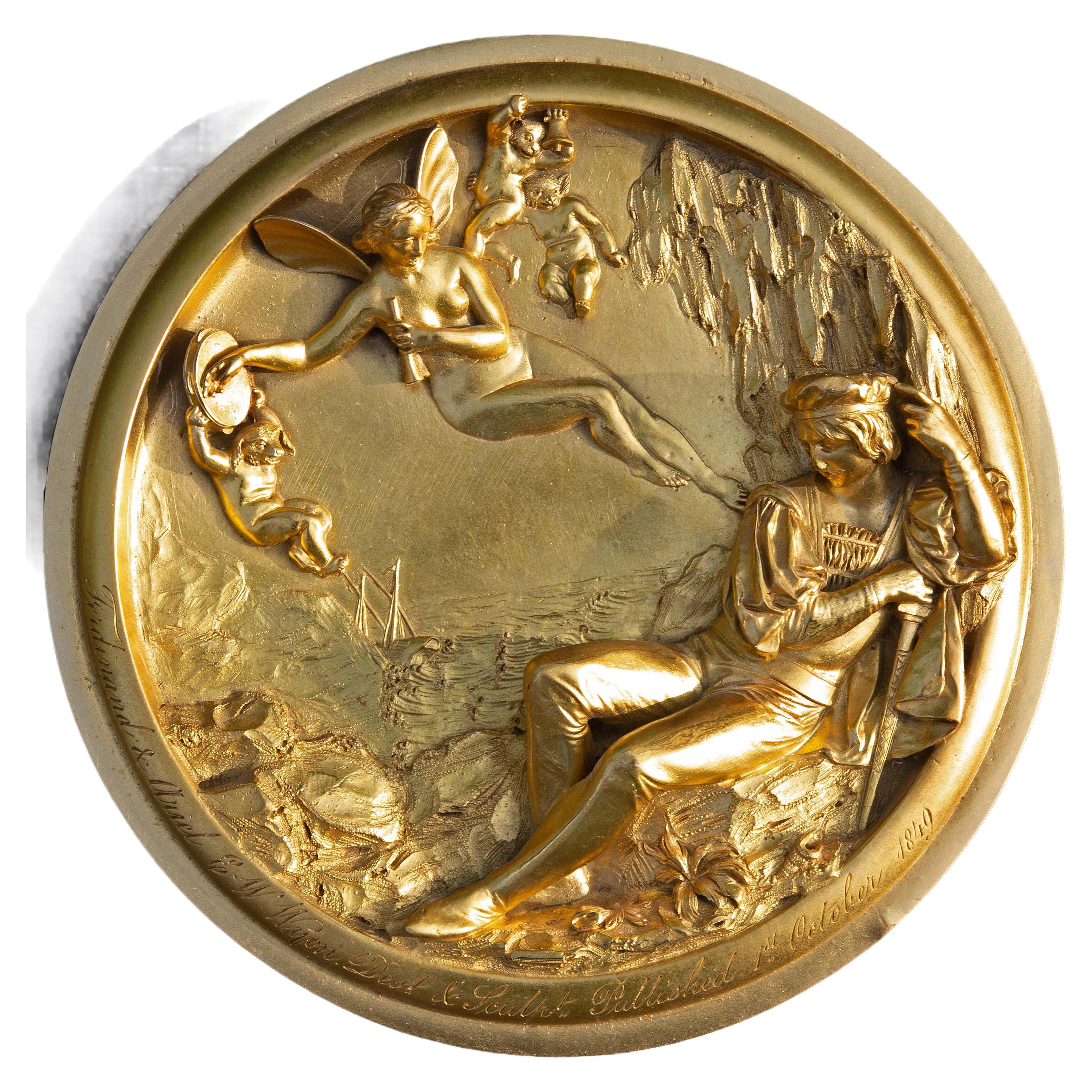 Neoclassical Two Mythological Fire Gilt Bronze Plaques by E. W. Wyon Dated 1848
