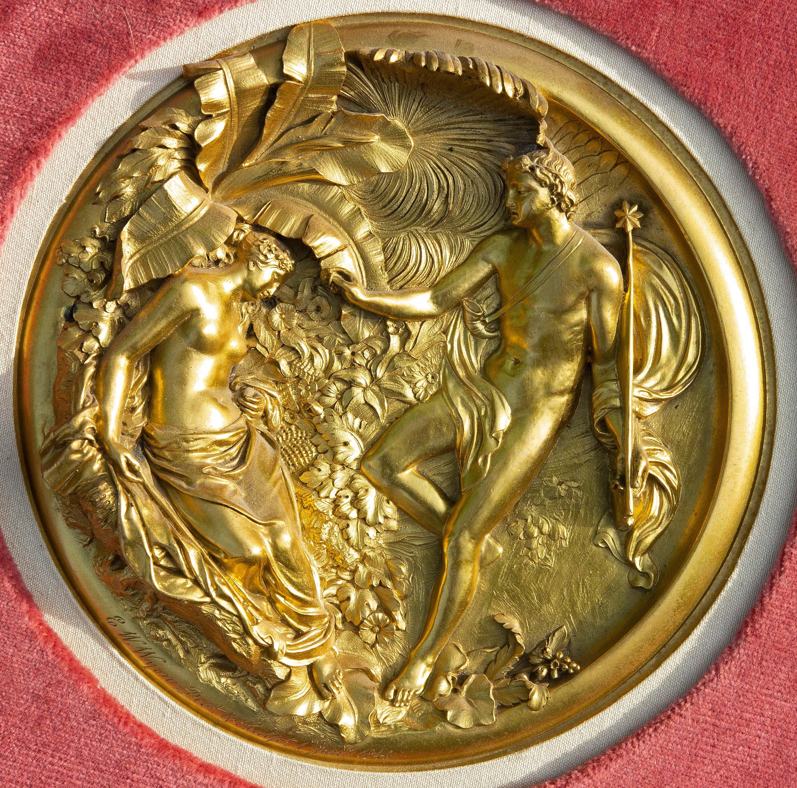 Two Mythological Fire Gilt Bronze Plaques by E. W. Wyon Dated 1848 1