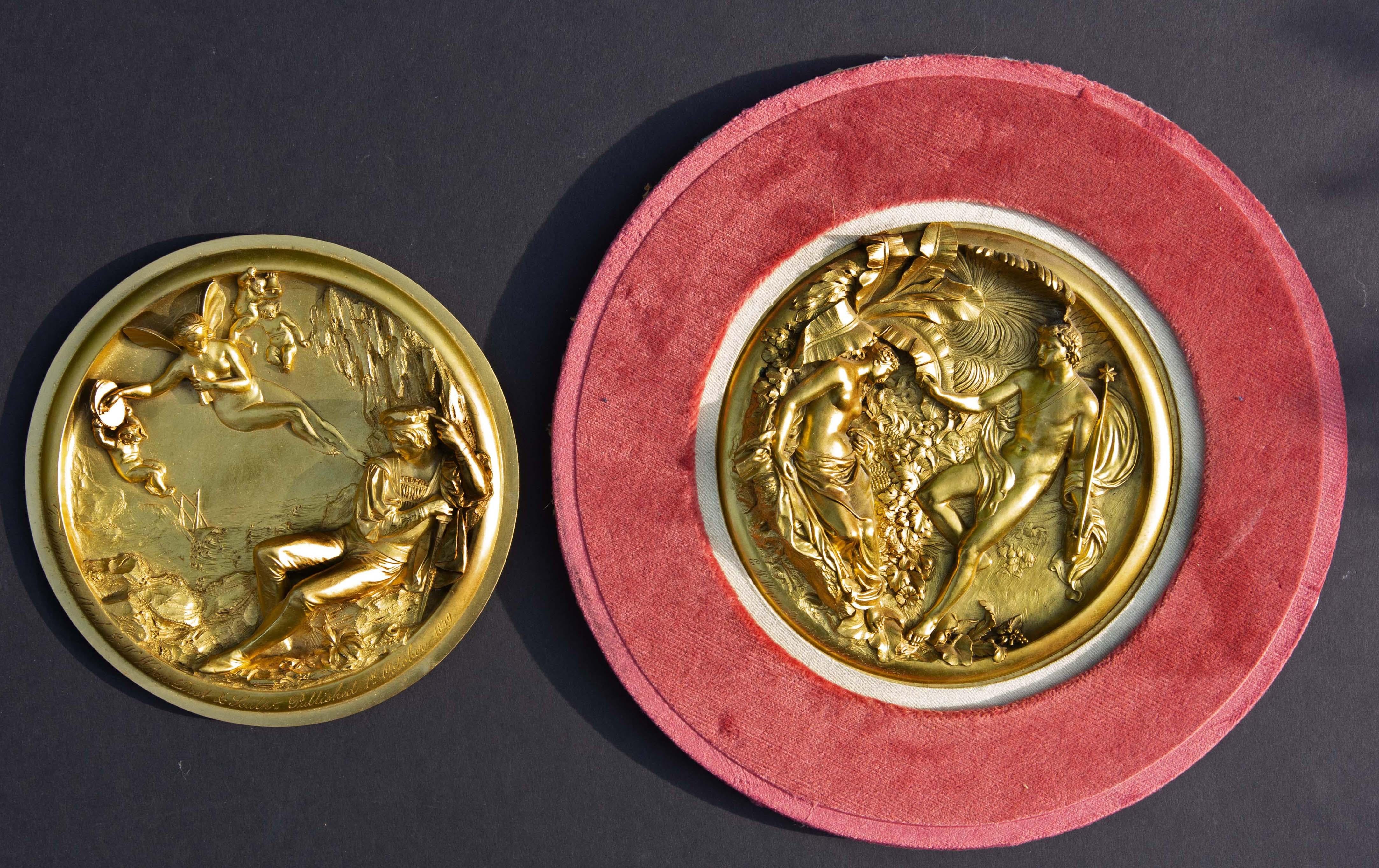 Two Mythological Fire Gilt Bronze Plaques by E. W. Wyon Dated 1848 2