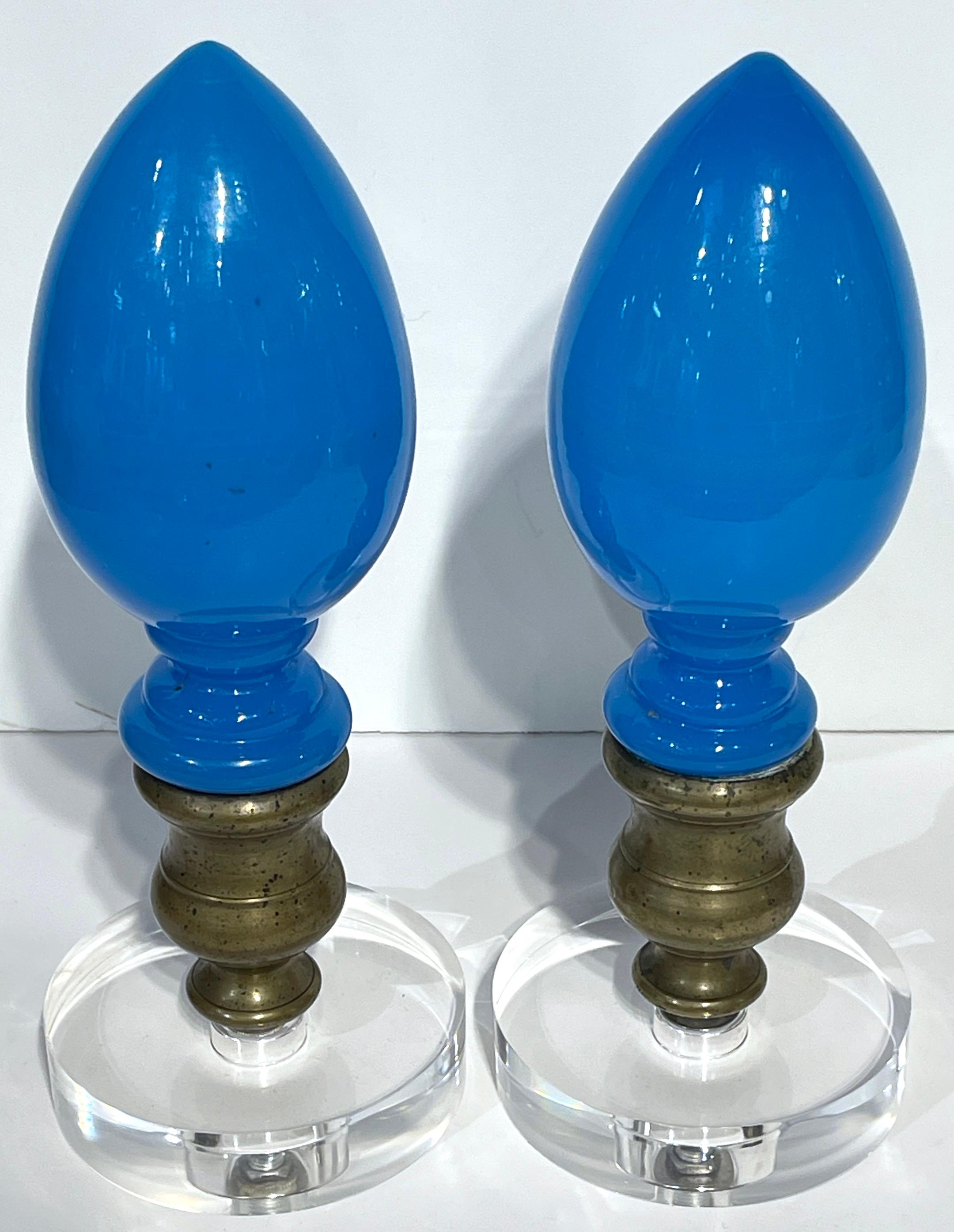 French Two Napoleon III Blue Opaline & Lucite Newel Post, Sold Individually  For Sale