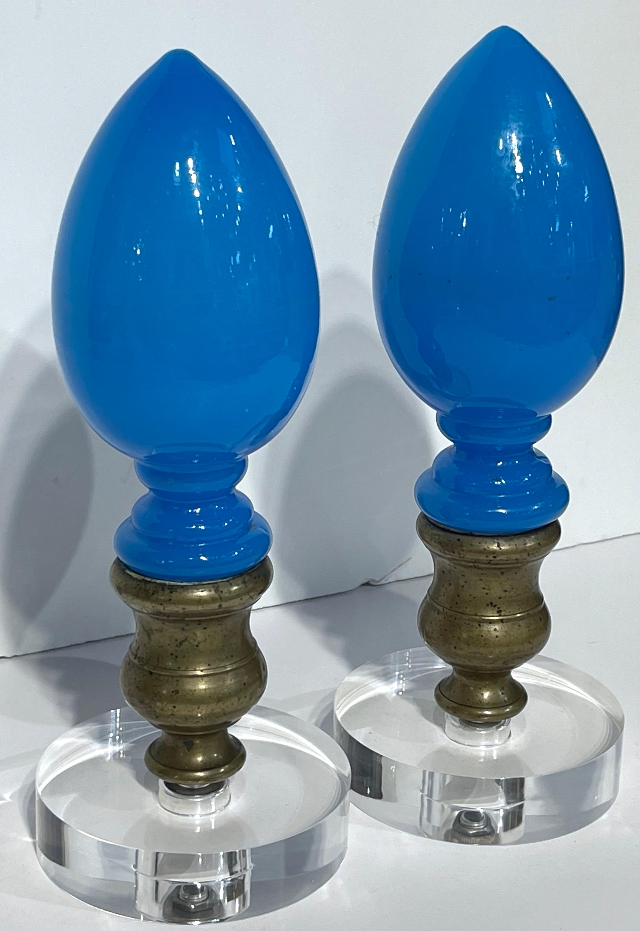 19th Century Two Napoleon III Blue Opaline & Lucite Newel Post, Sold Individually  For Sale