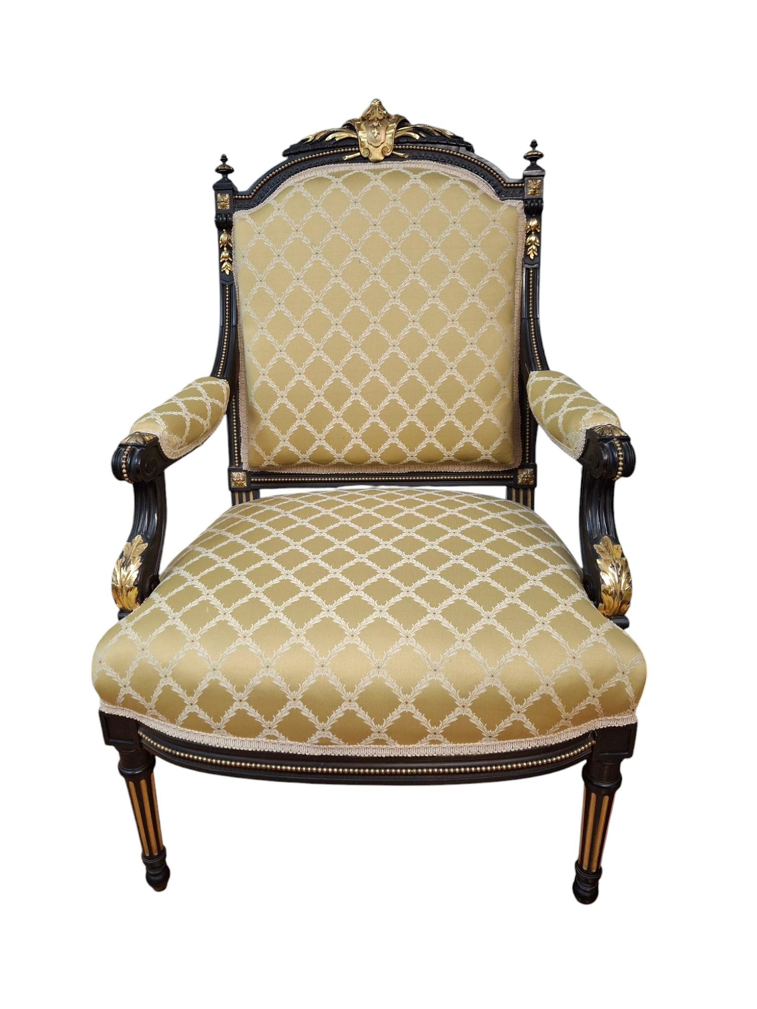 Upholstery Two Napoleon III Style Gilt Ebonized Parlor Chairs For Sale
