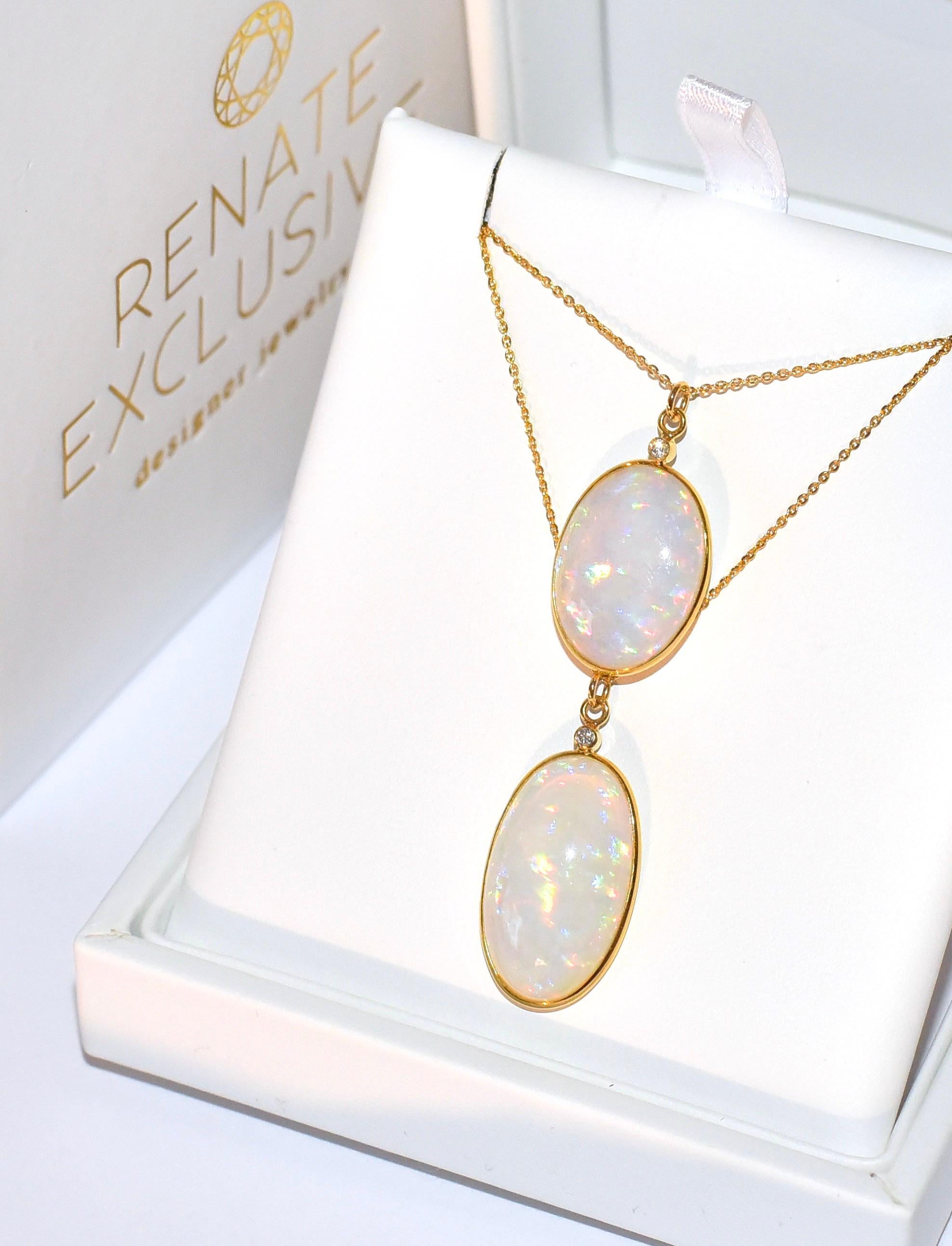 Women's  Natural Opal Bezel, Diamond Accent Necklace in 18K Solid Yellow Gold For Sale