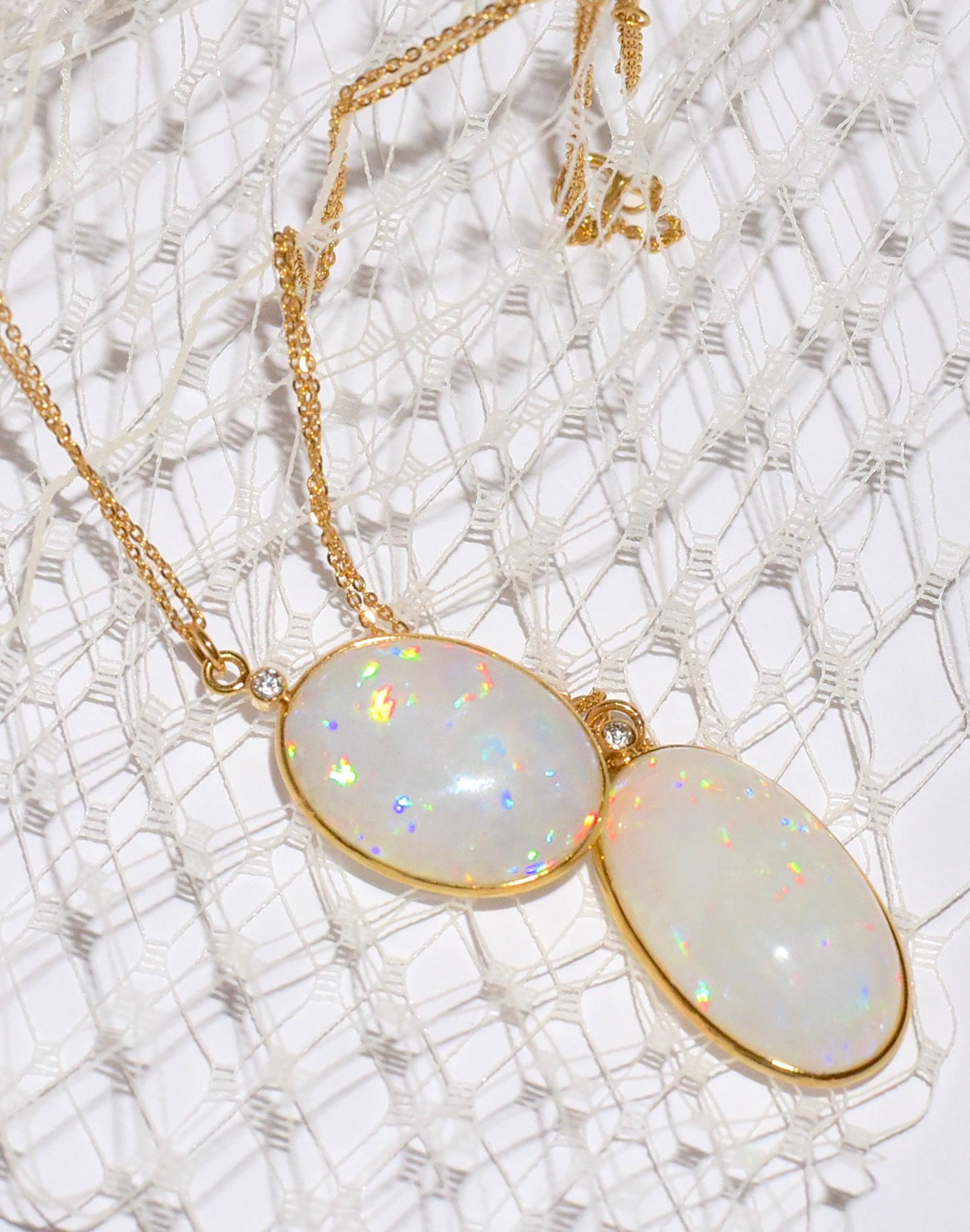  Natural Opal Bezel, Diamond Accent Necklace in 18K Solid Yellow Gold For Sale 3