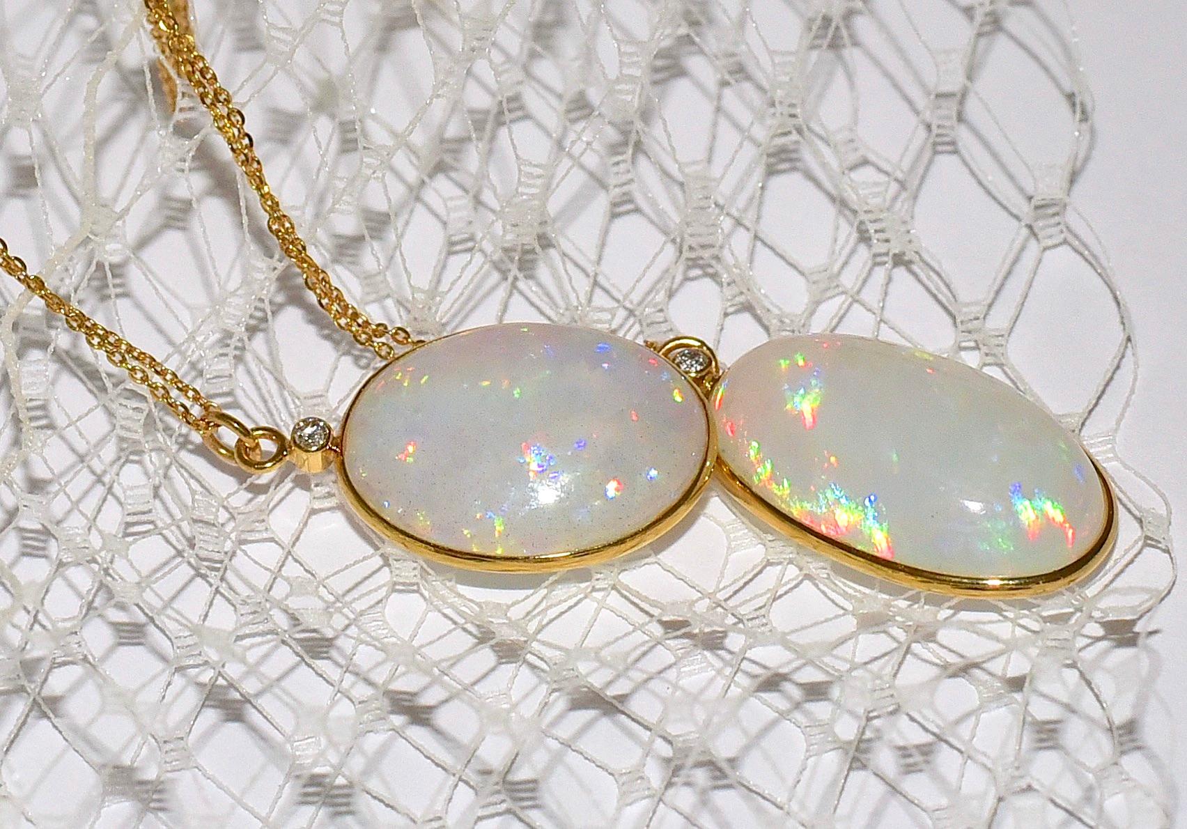  Natural Opal Bezel, Diamond Accent Necklace in 18K Solid Yellow Gold For Sale 4