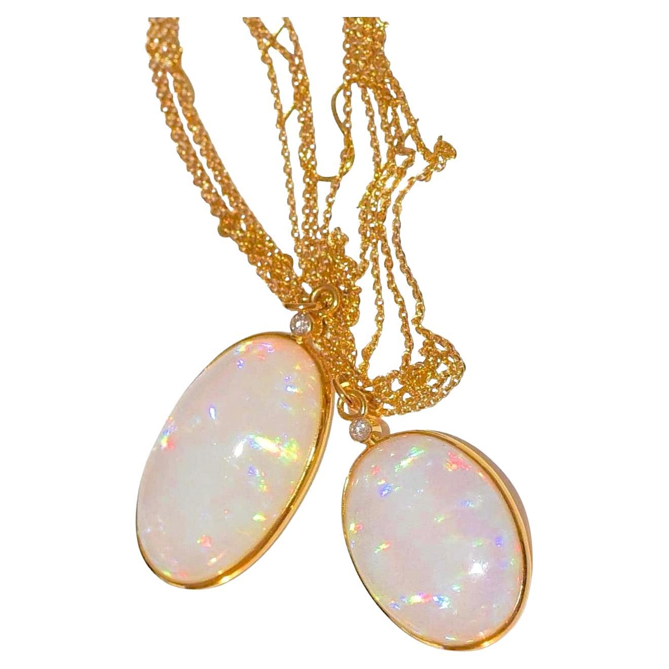 Two Natural Opal Bezel, Diamond Accent Necklaces in 18K Solid Yellow Gold