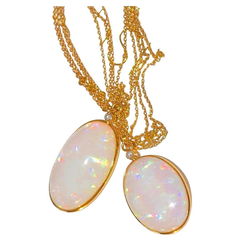 Two Natural Opal Bezel, Diamond Accent Necklaces in 18K Solid Yellow