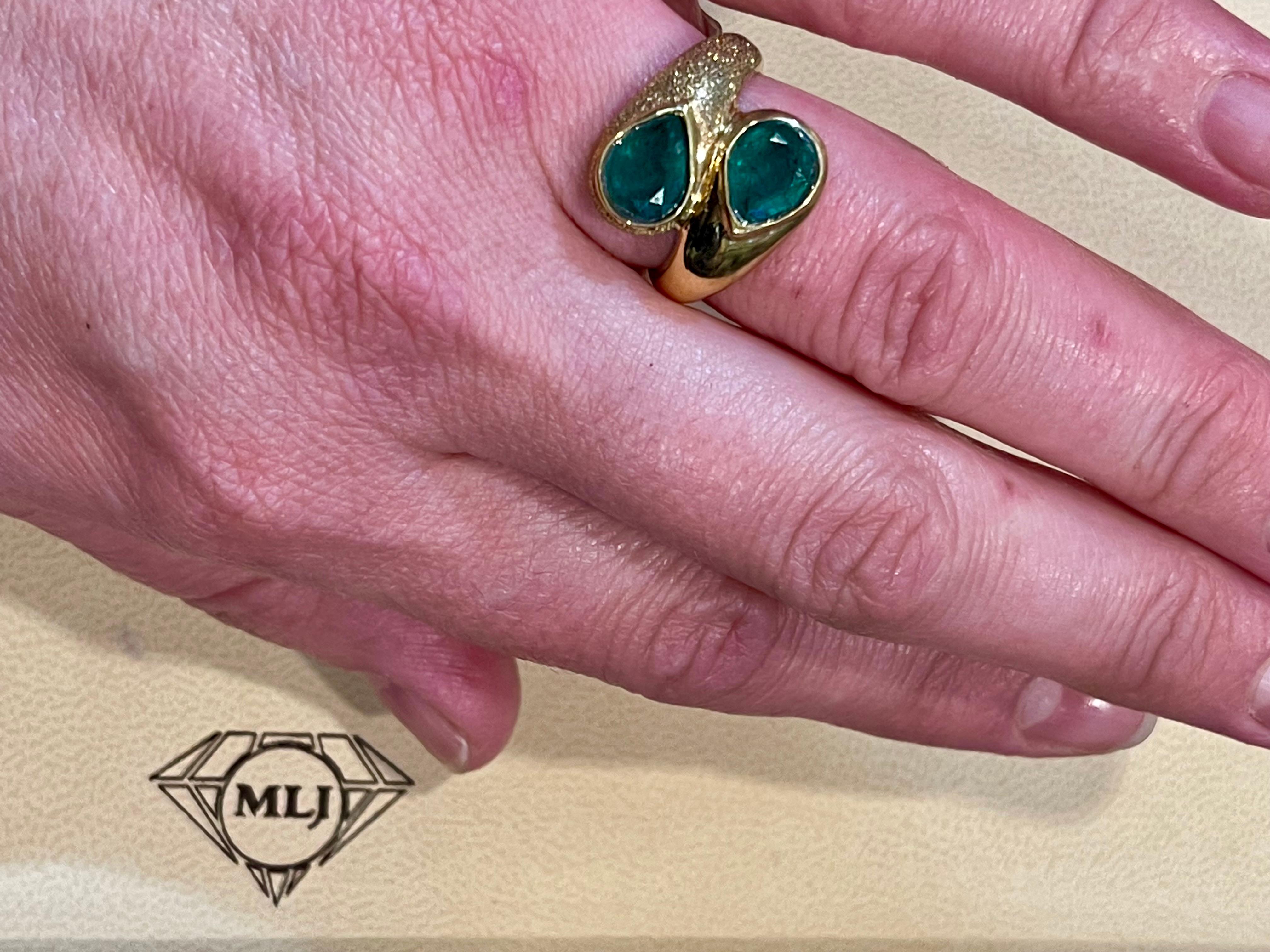 Two Natural Pear Cut Emerald Total 3 Carat Ring 14 Karat Yellow Gold 2