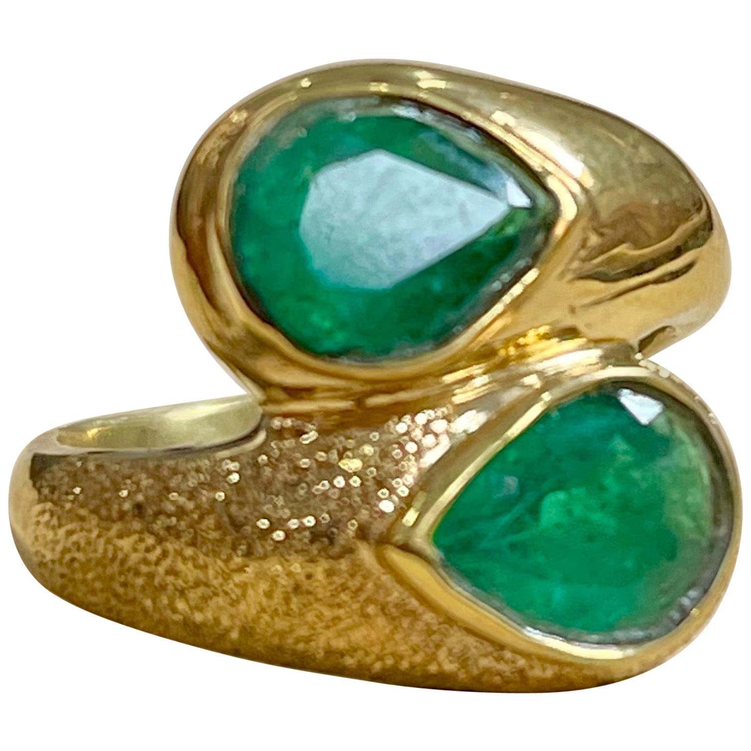 Two Natural Pear Cut Emerald Total 3 Carat Ring 14 Karat Yellow Gold