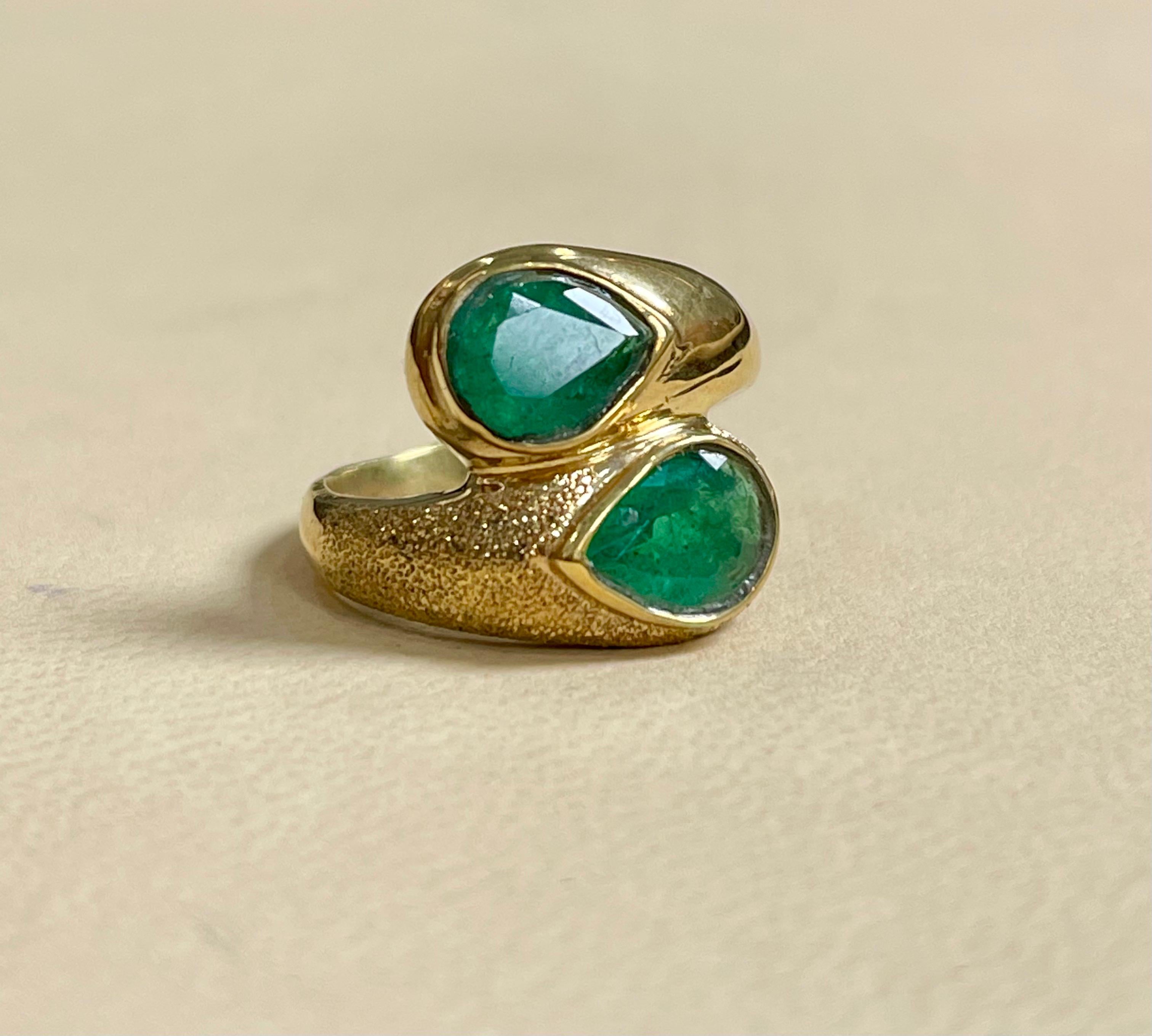 Two Natural Pear Cut Emerald Total 3 Carat Ring 14 Karat Yellow Gold 8