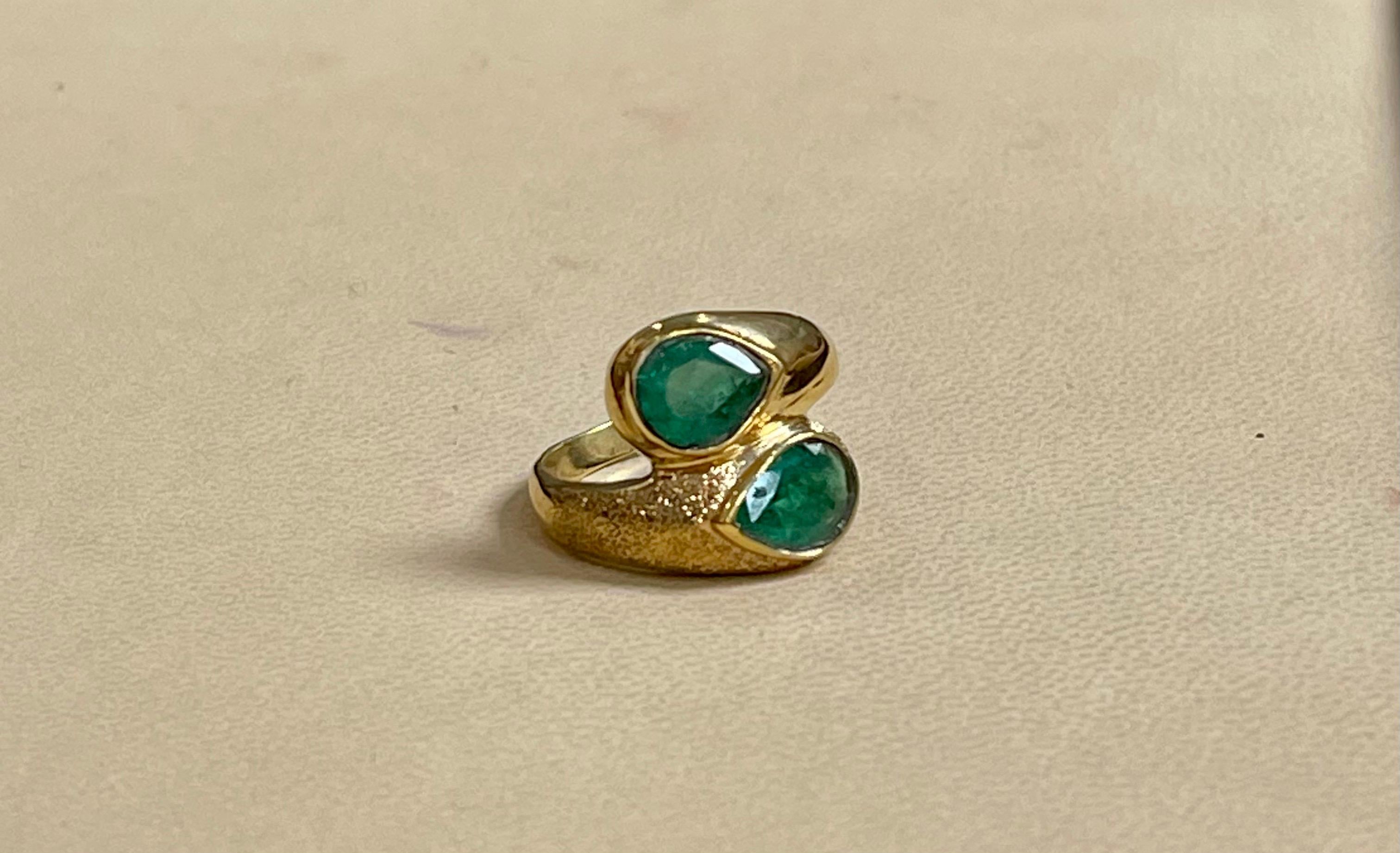 Two Natural Pear Cut Emerald Total 3 Carat Ring 14 Karat Yellow Gold 9