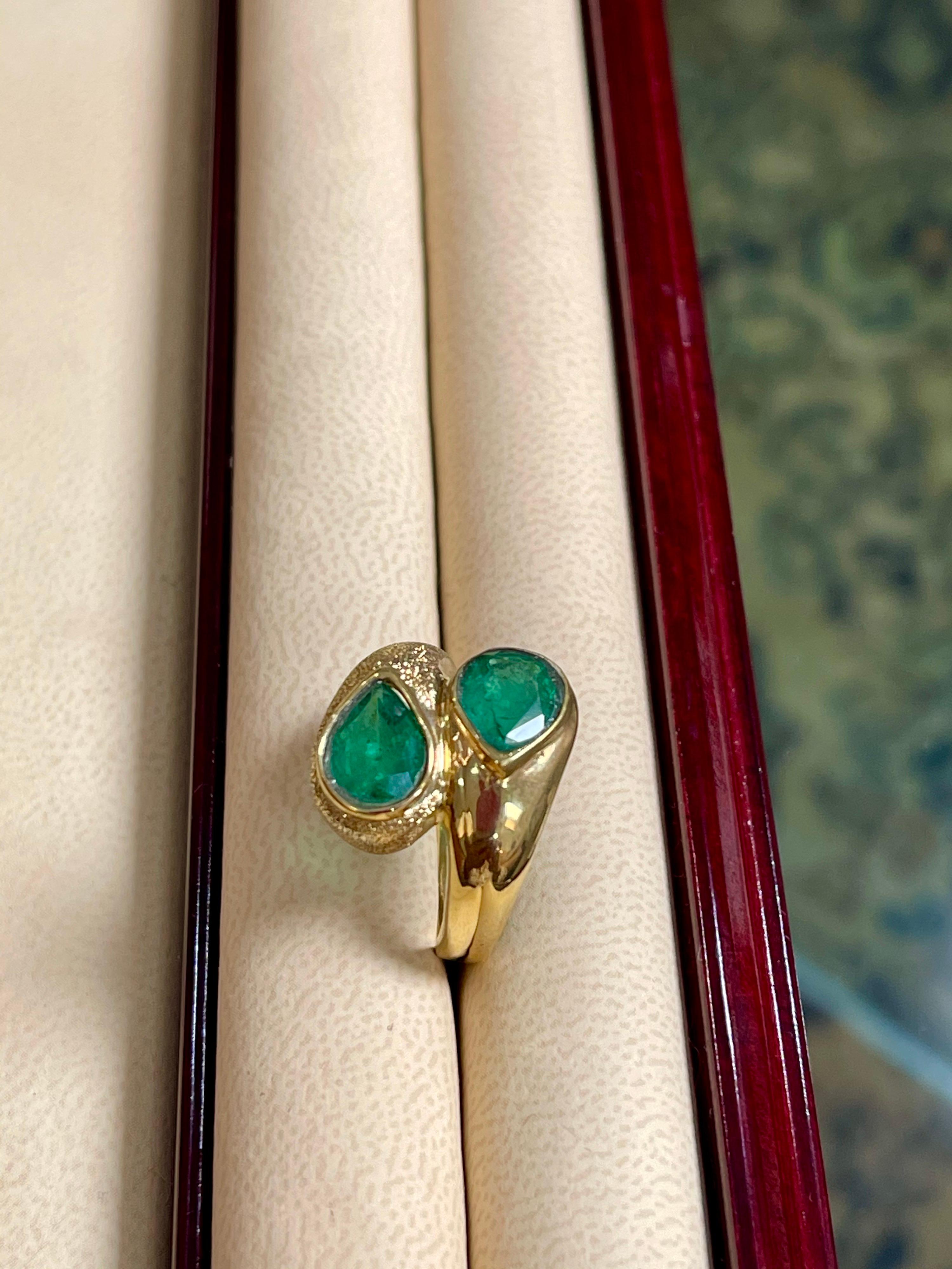 Two Natural Pear Cut Emerald Total 3 Carat Ring 14 Karat Yellow Gold 11