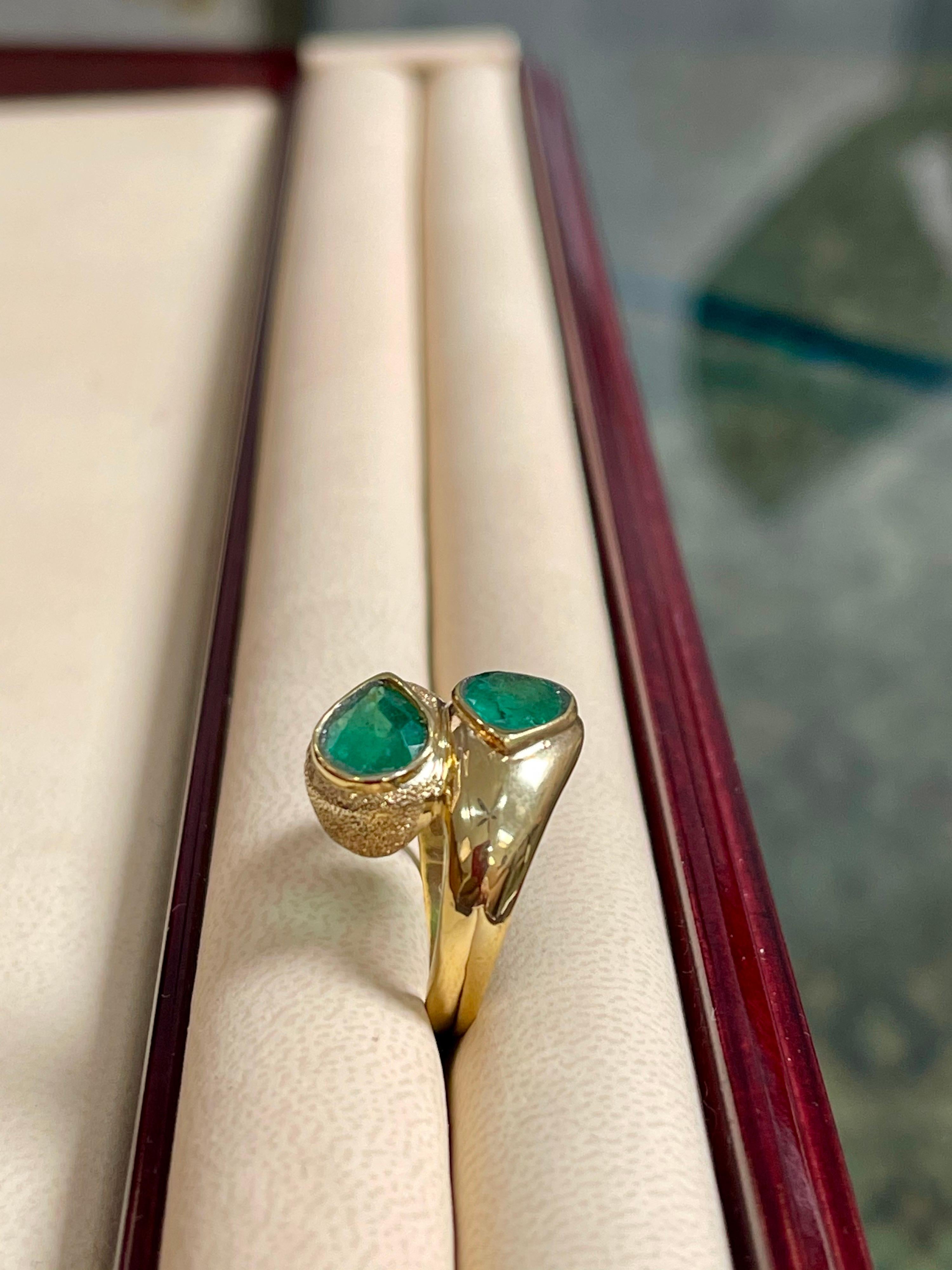 Two Natural Pear Cut Emerald Total 3 Carat Ring 14 Karat Yellow Gold 12