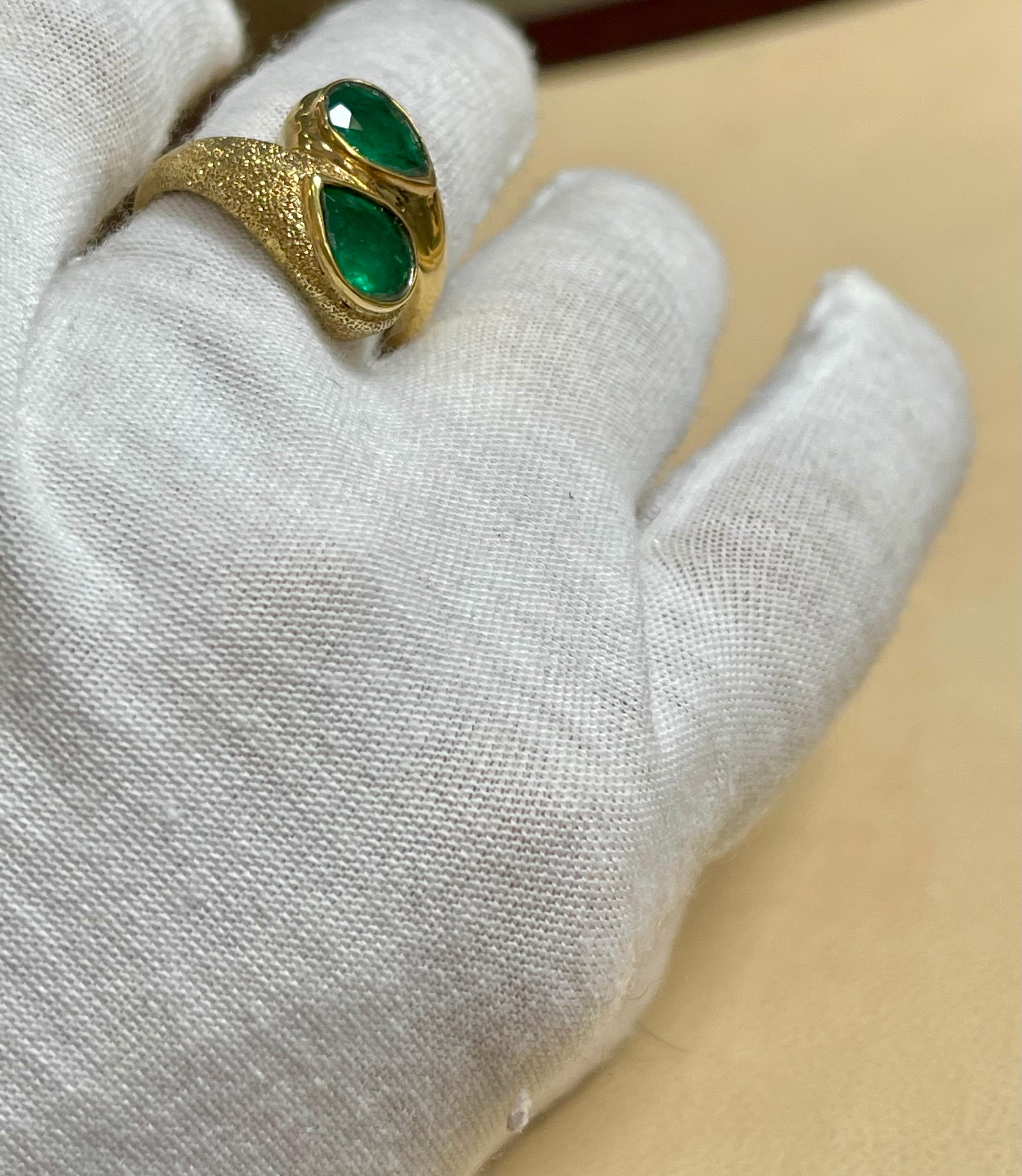 Two Natural Pear Cut Emerald Total 3 Carat Ring 14 Karat Yellow Gold 14