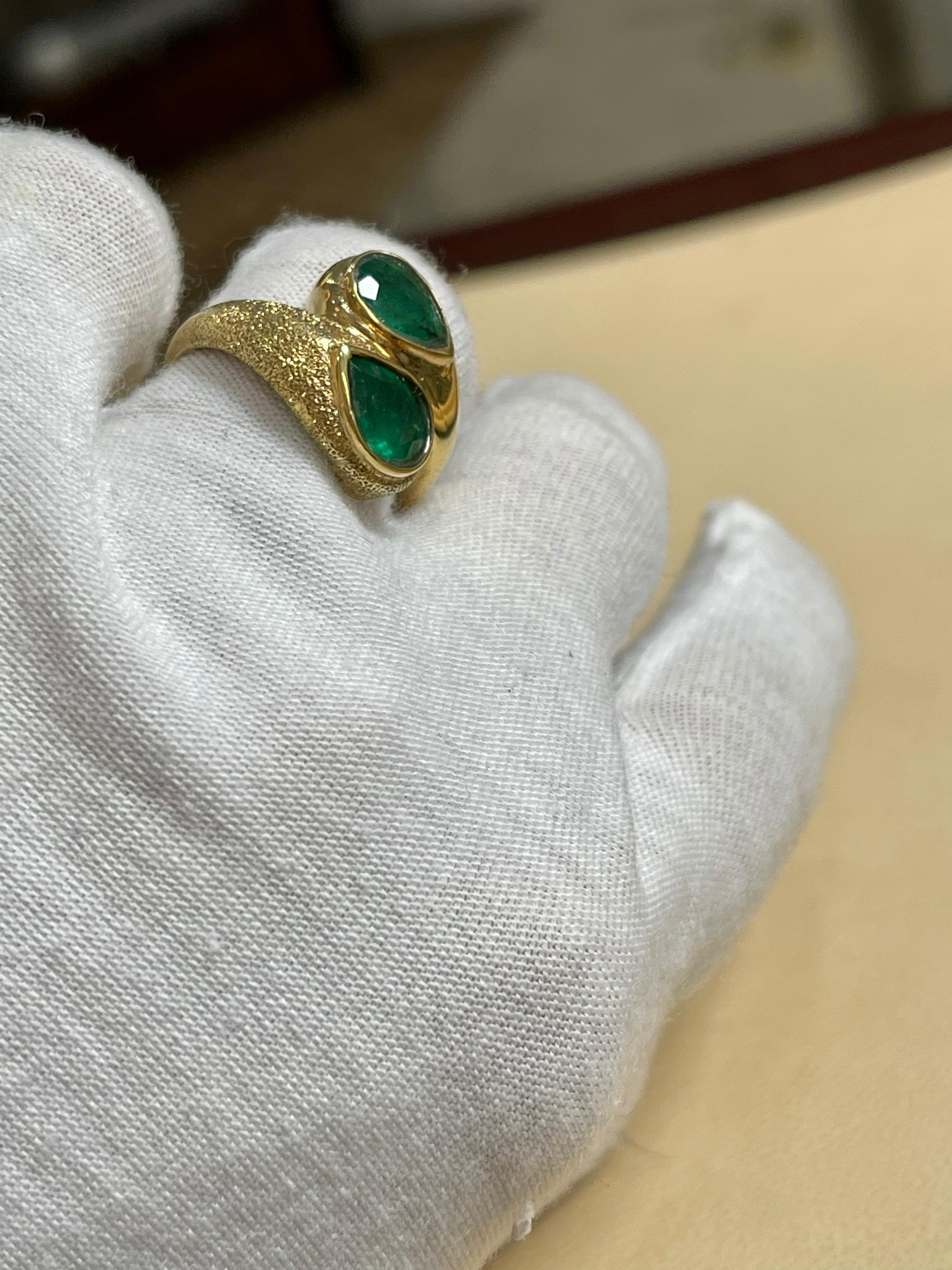 Two Natural Pear Cut Emerald Total 3 Carat Ring 14 Karat Yellow Gold 15