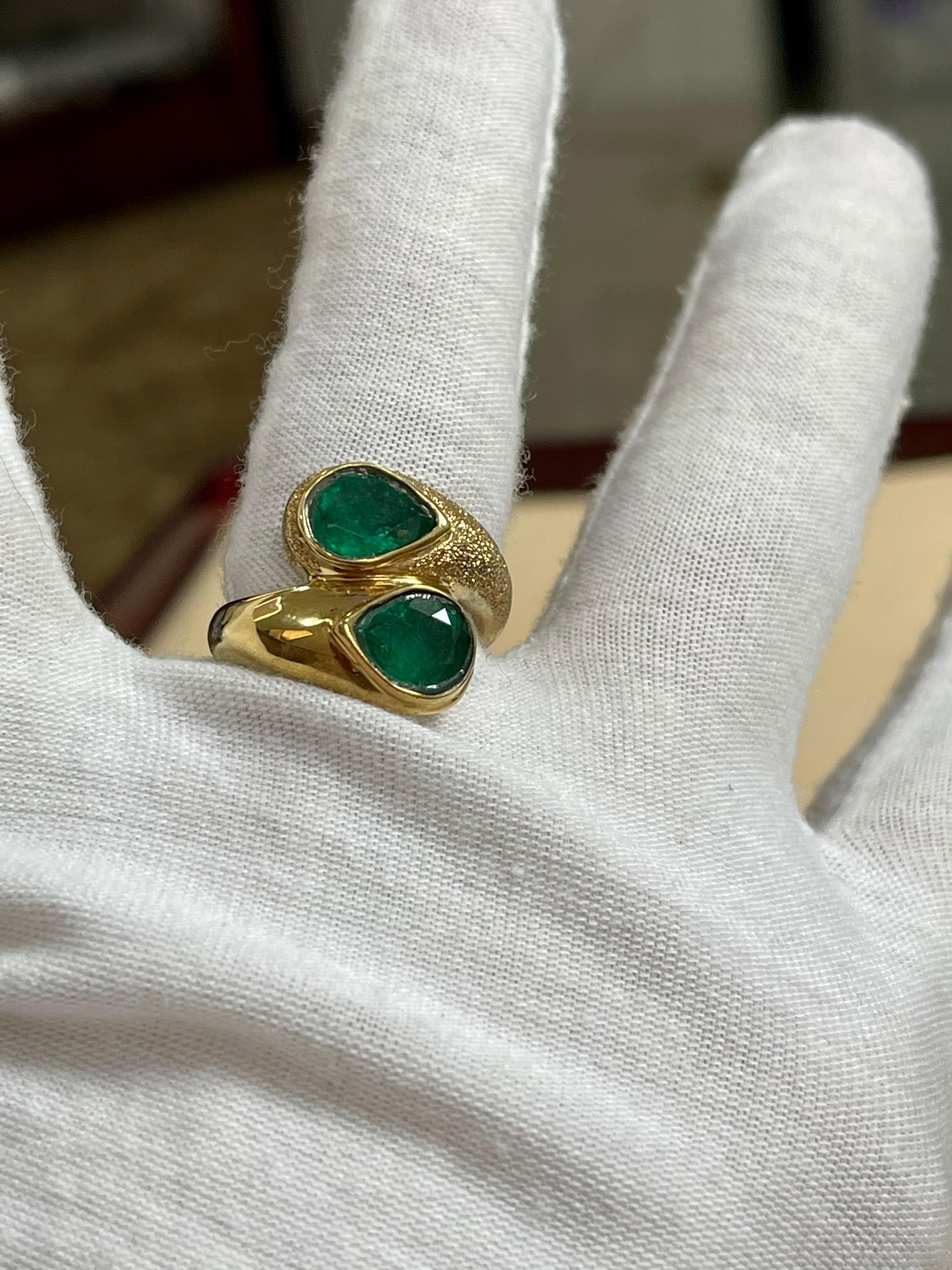 Two Natural Pear Cut Emerald Total 3 Carat Ring 14 Karat Yellow Gold 16