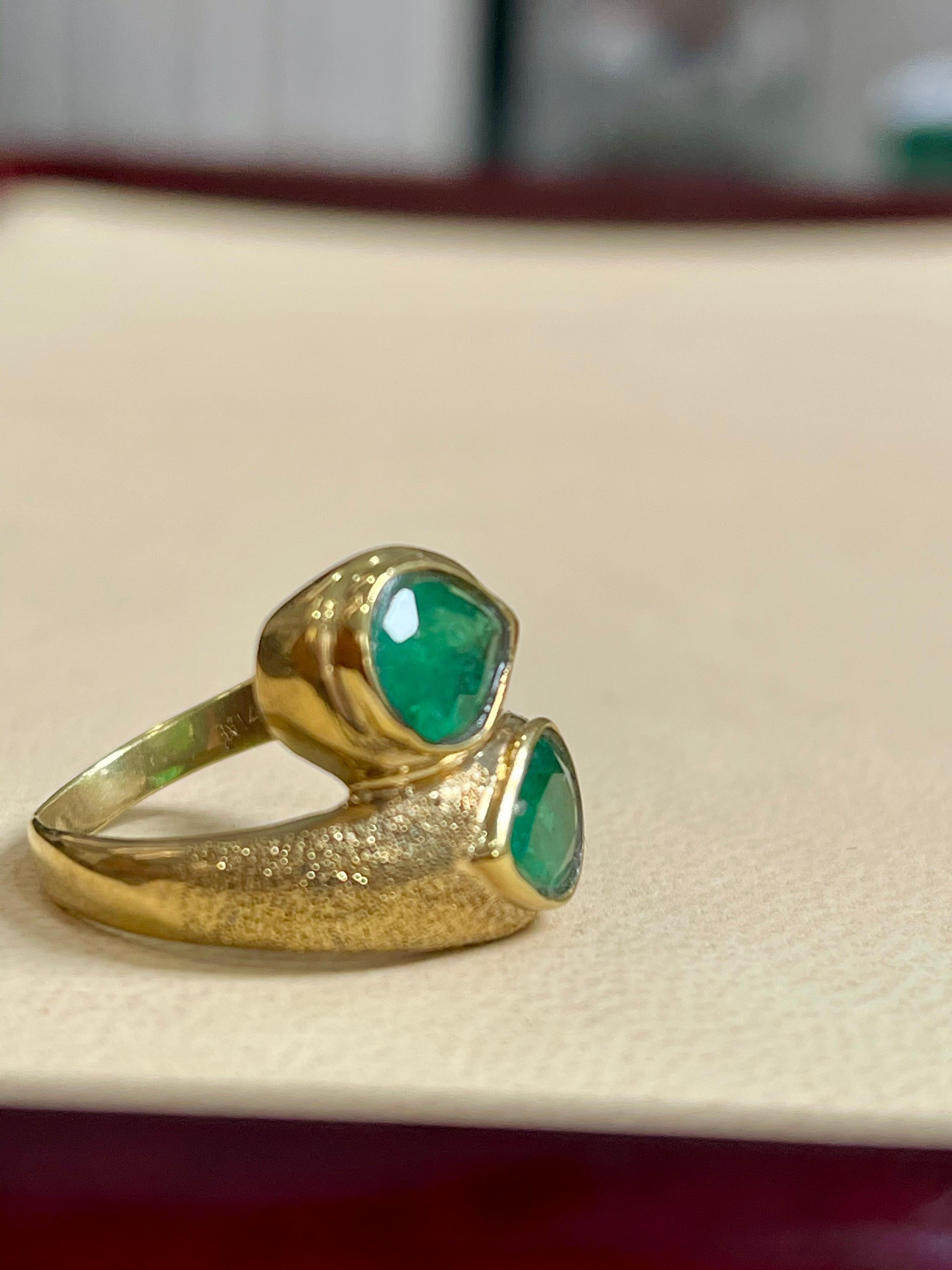 Women's Two Natural Pear Cut Emerald Total 3 Carat Ring 14 Karat Yellow Gold