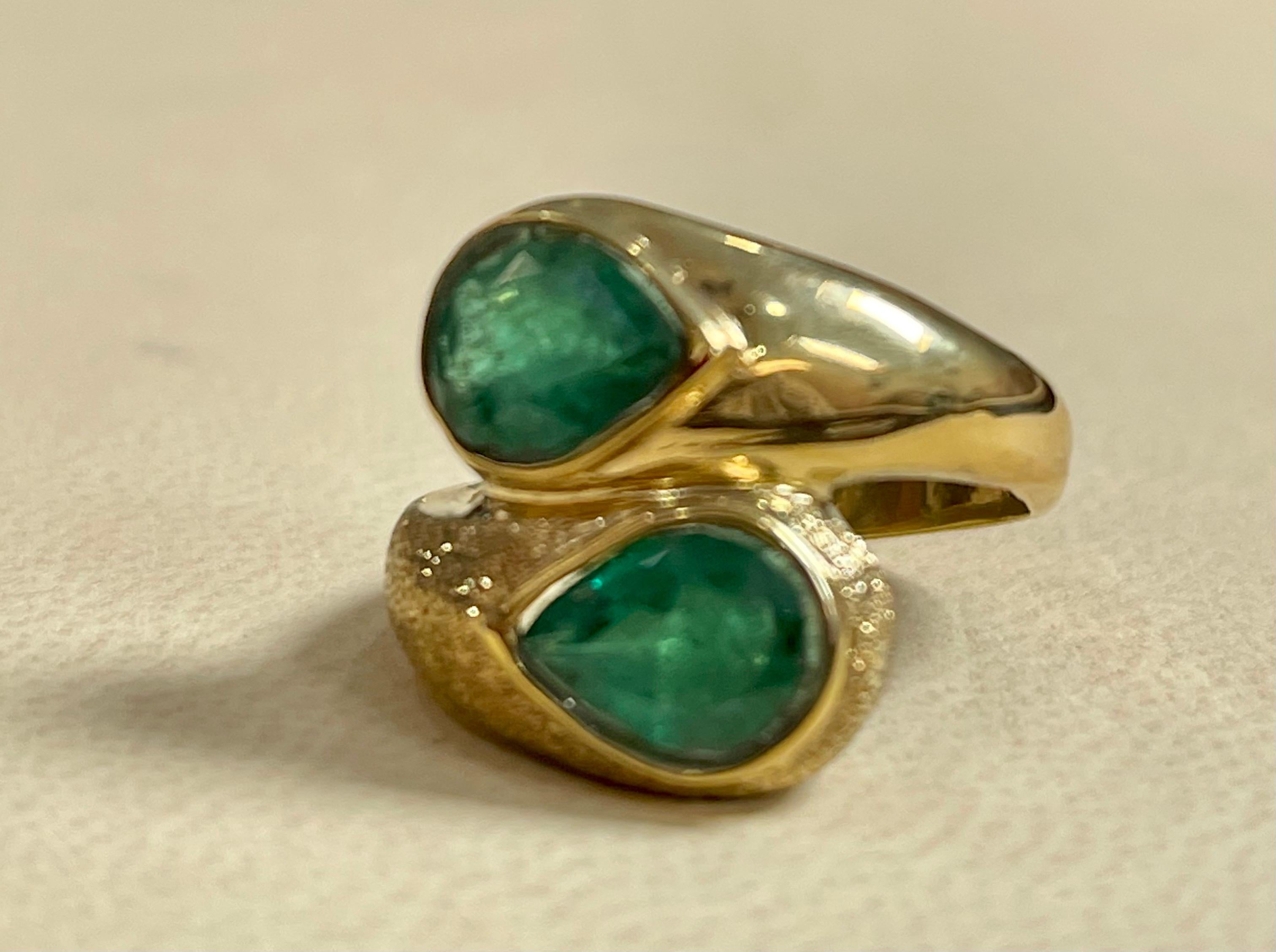 Two Natural Pear Cut Emerald Total 3 Carat Ring 14 Karat Yellow Gold 1