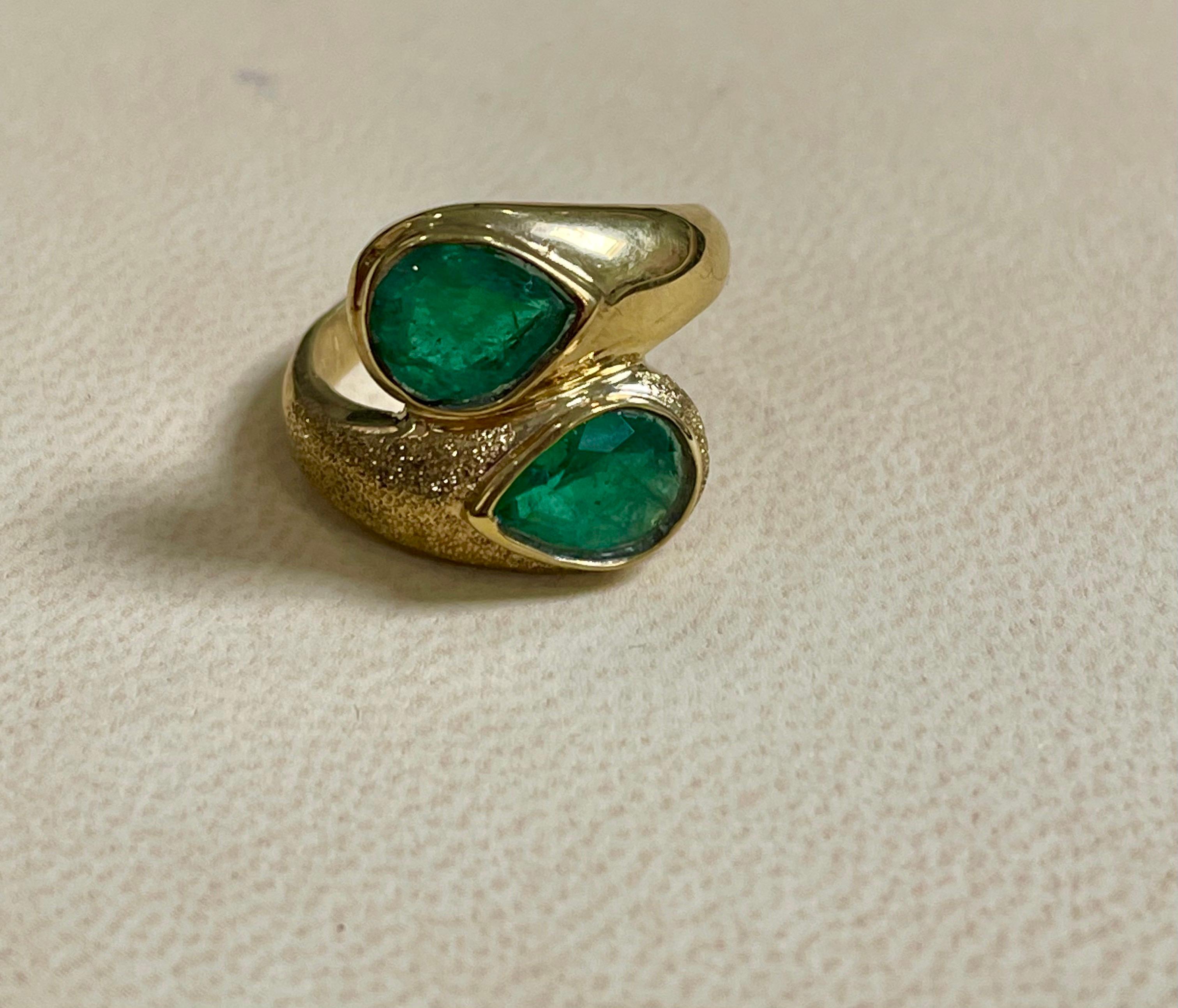 Two Natural Pear Cut Emerald Total 3 Carat Ring 14 Karat Yellow Gold 3