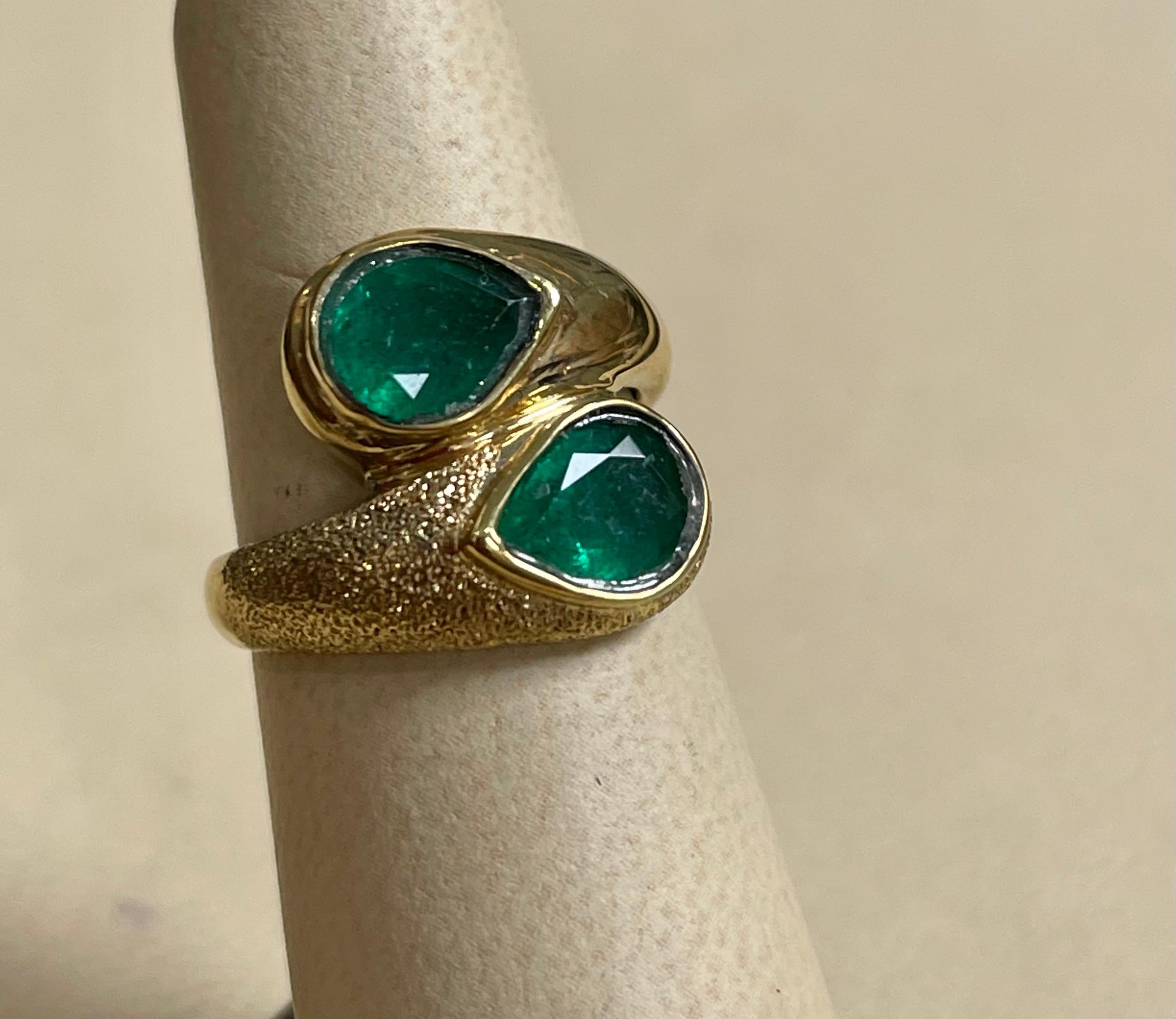 Two Natural Pear Cut Emerald Total 3 Carat Ring 14 Karat Yellow Gold 5