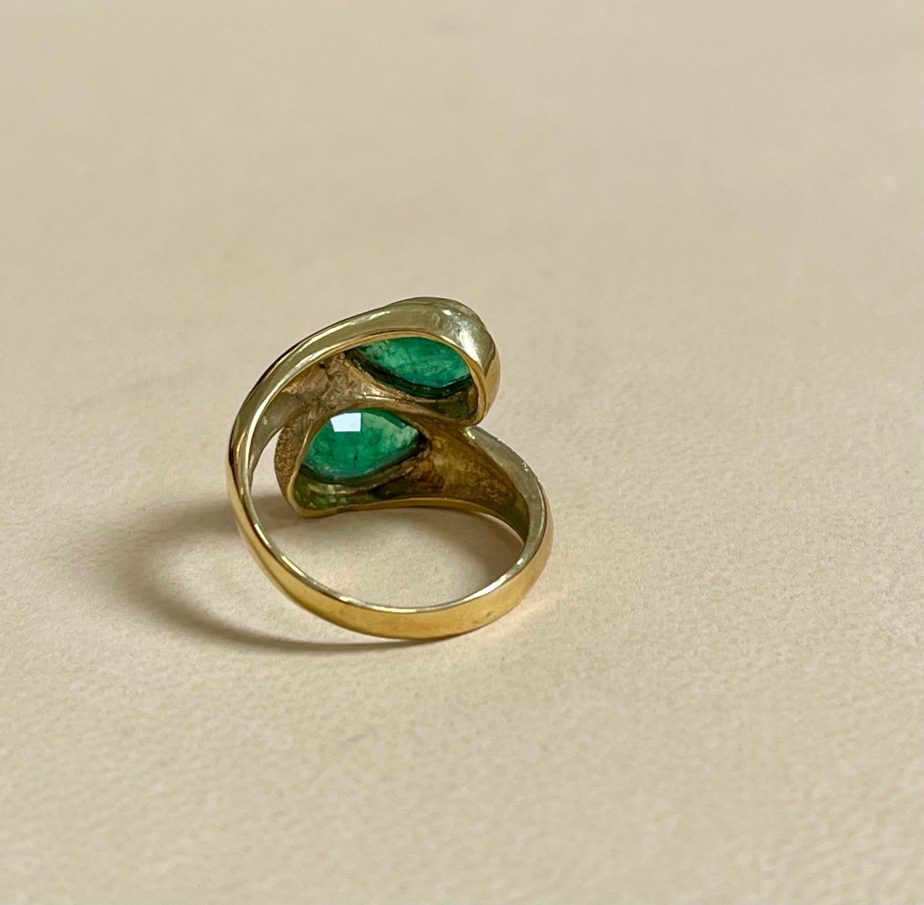 Two Natural Pear Cut Emerald Total 3 Carat Ring 14 Karat Yellow Gold 6