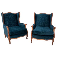 Two Navy Blue Wingback Louis Phillipe Style Armchairs, France, 1900